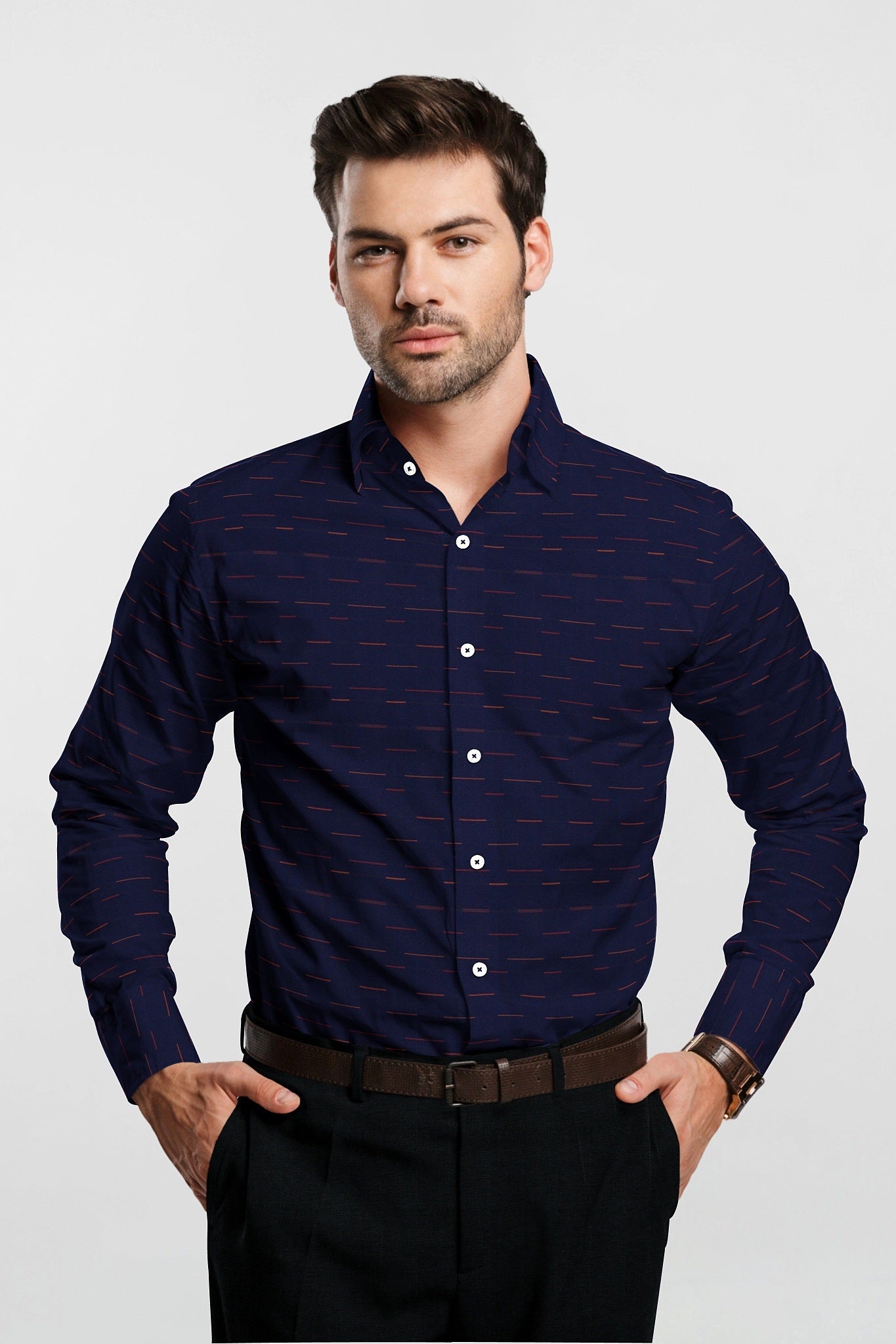 Sodalite Blue and Claret Red Jacquard Dash Stripes Premium Cotton Shirt