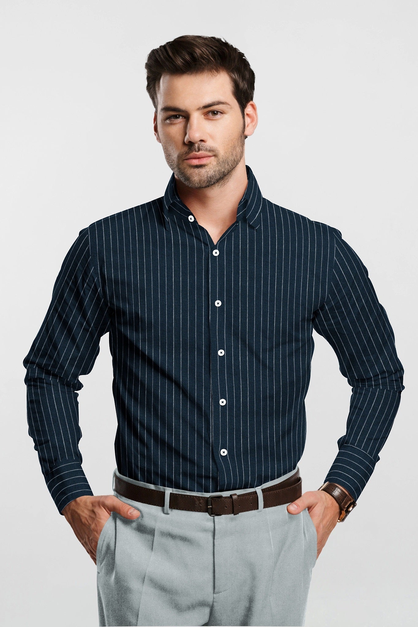 Dark Navy Blue and White Pinstripes Pure Linen Shirt - Stitch Shirt in Bengaluru