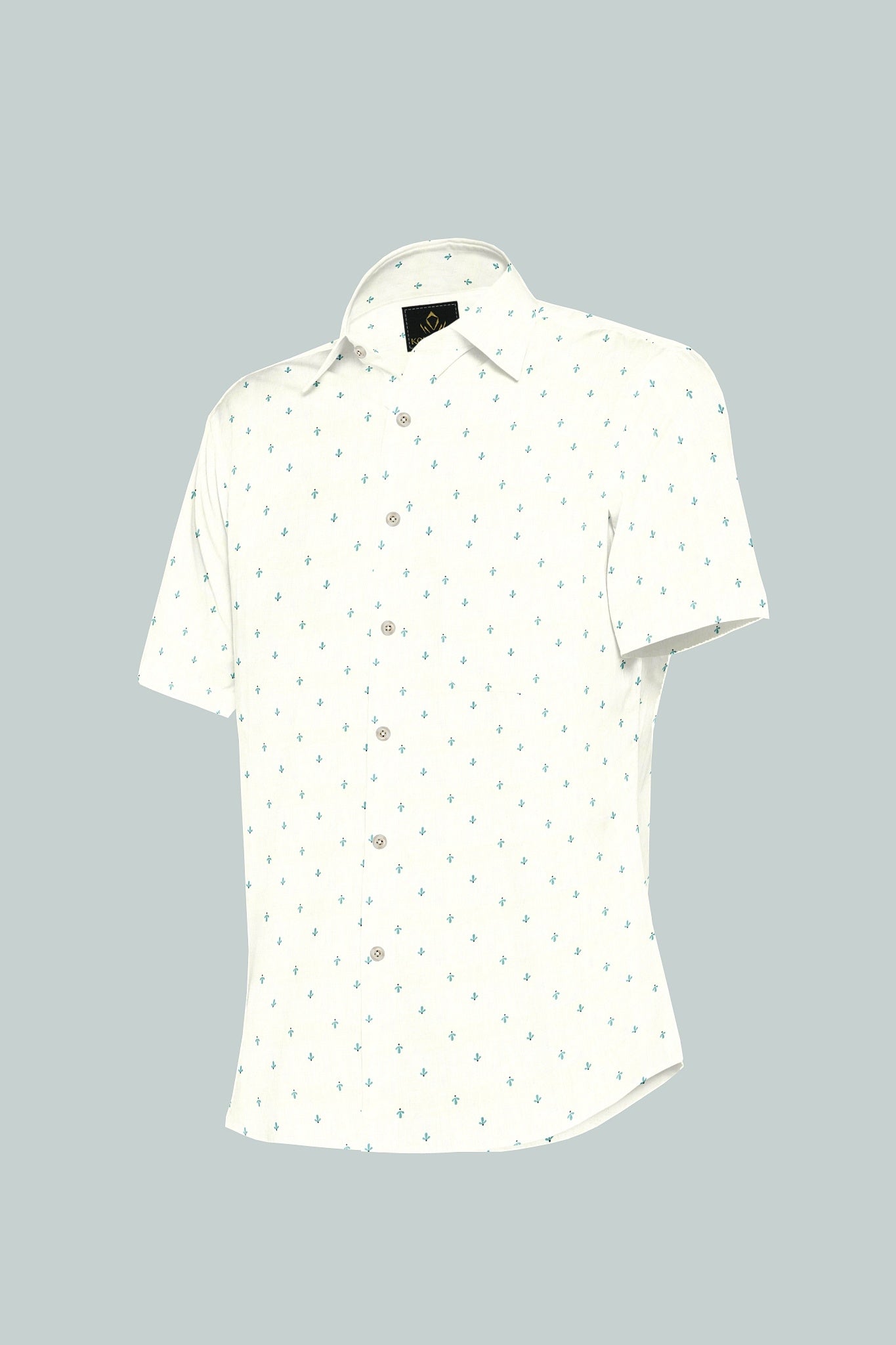 Bright White and Turquoise Blue Cactus Printed Luxurious Linen Shirt