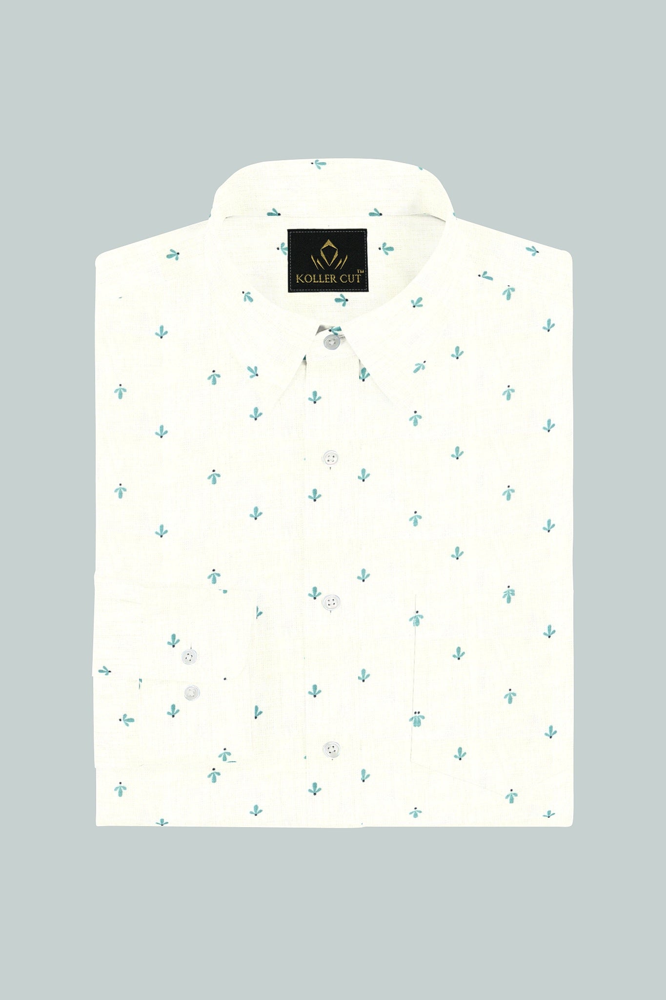 Bright White and Turquoise Blue Cactus Printed Luxurious Linen Shirt