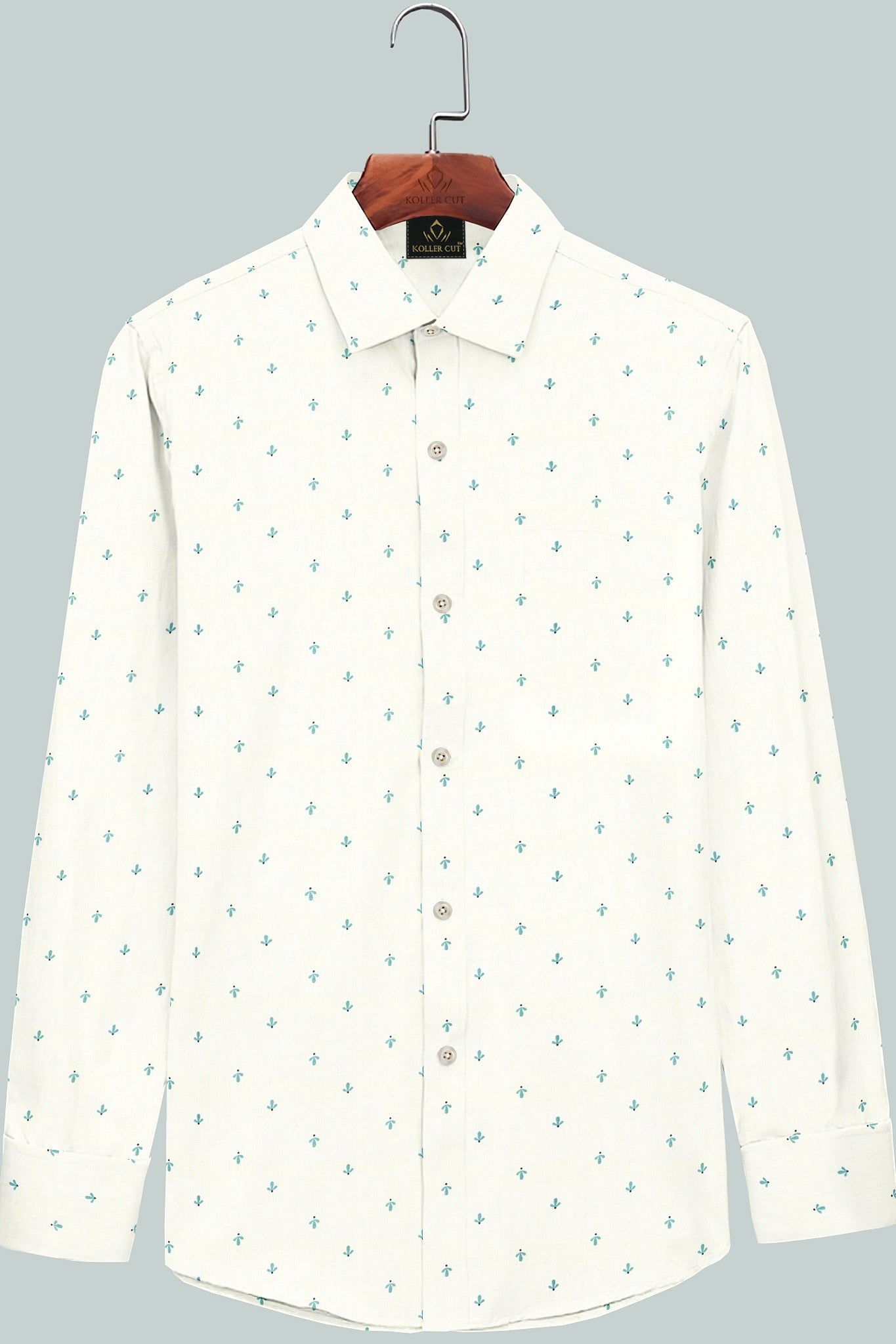 Bright White and Turquoise Blue Cactus Printed Luxurious Linen Shirt