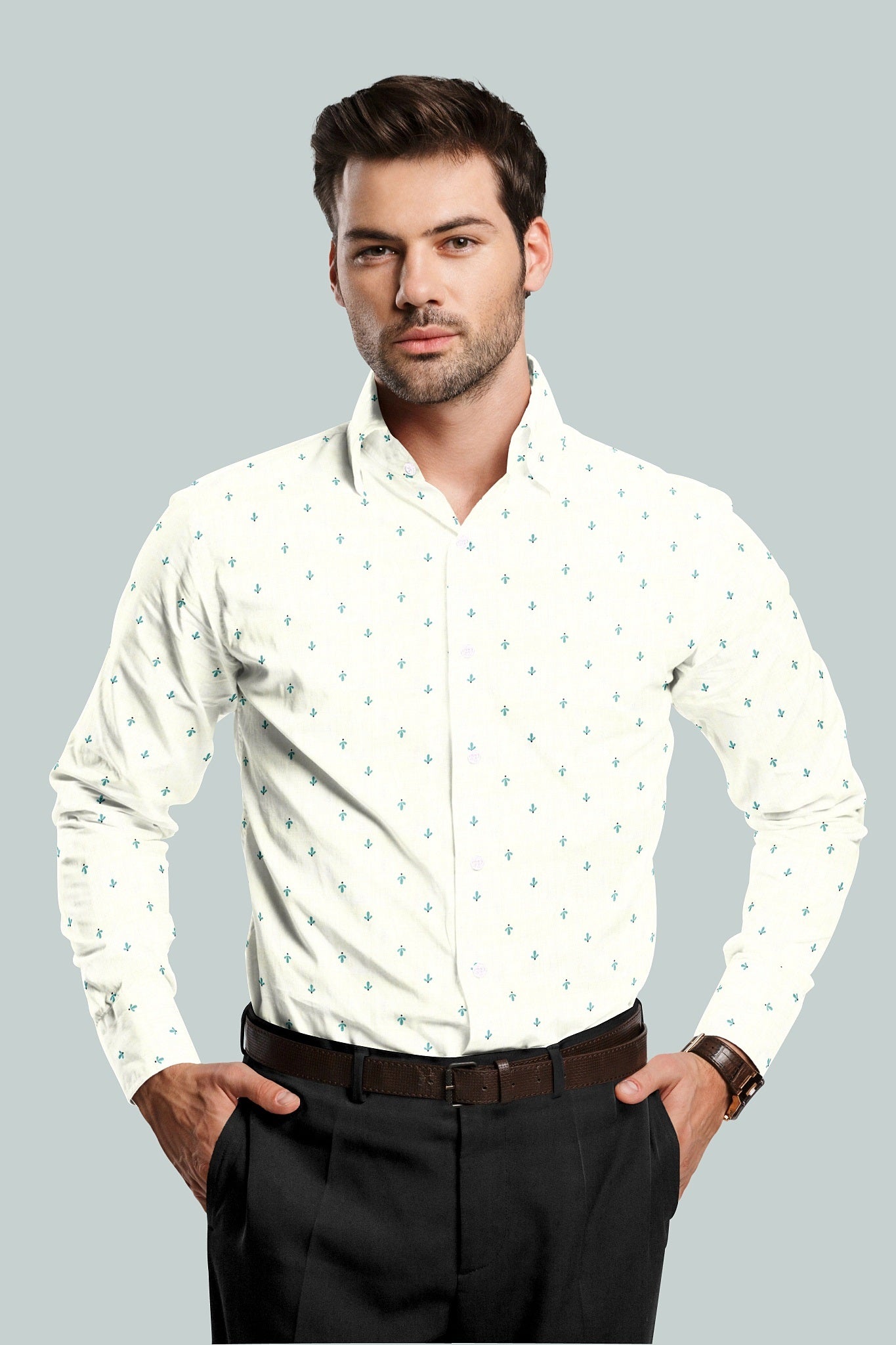 Bright White and Turquoise Blue Cactus Printed Luxurious Linen Shirt - Buy Linen Shirt in Bengaluru