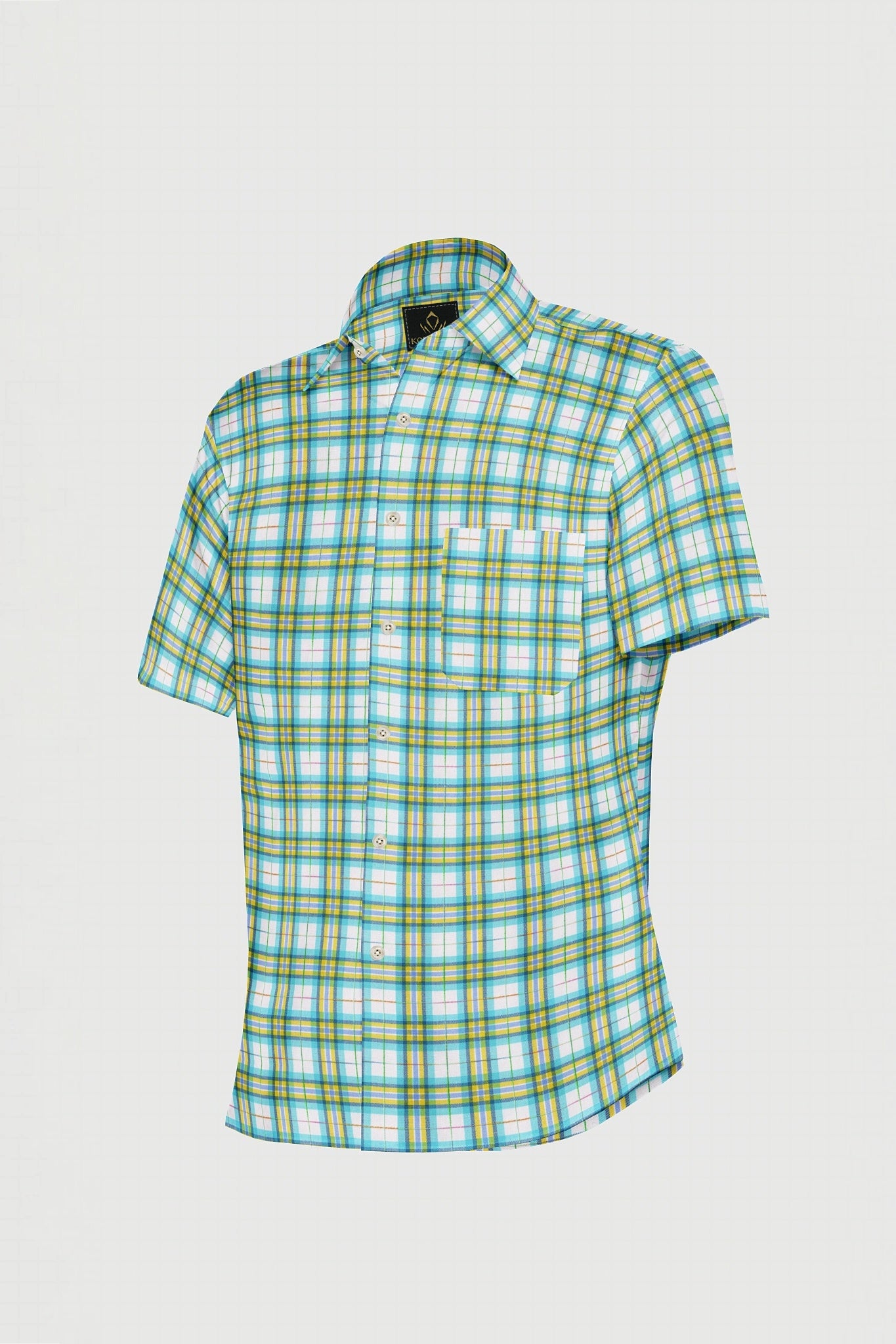 White with Cadmium Yellow and Aqua Blue Checks Cotton Shirt