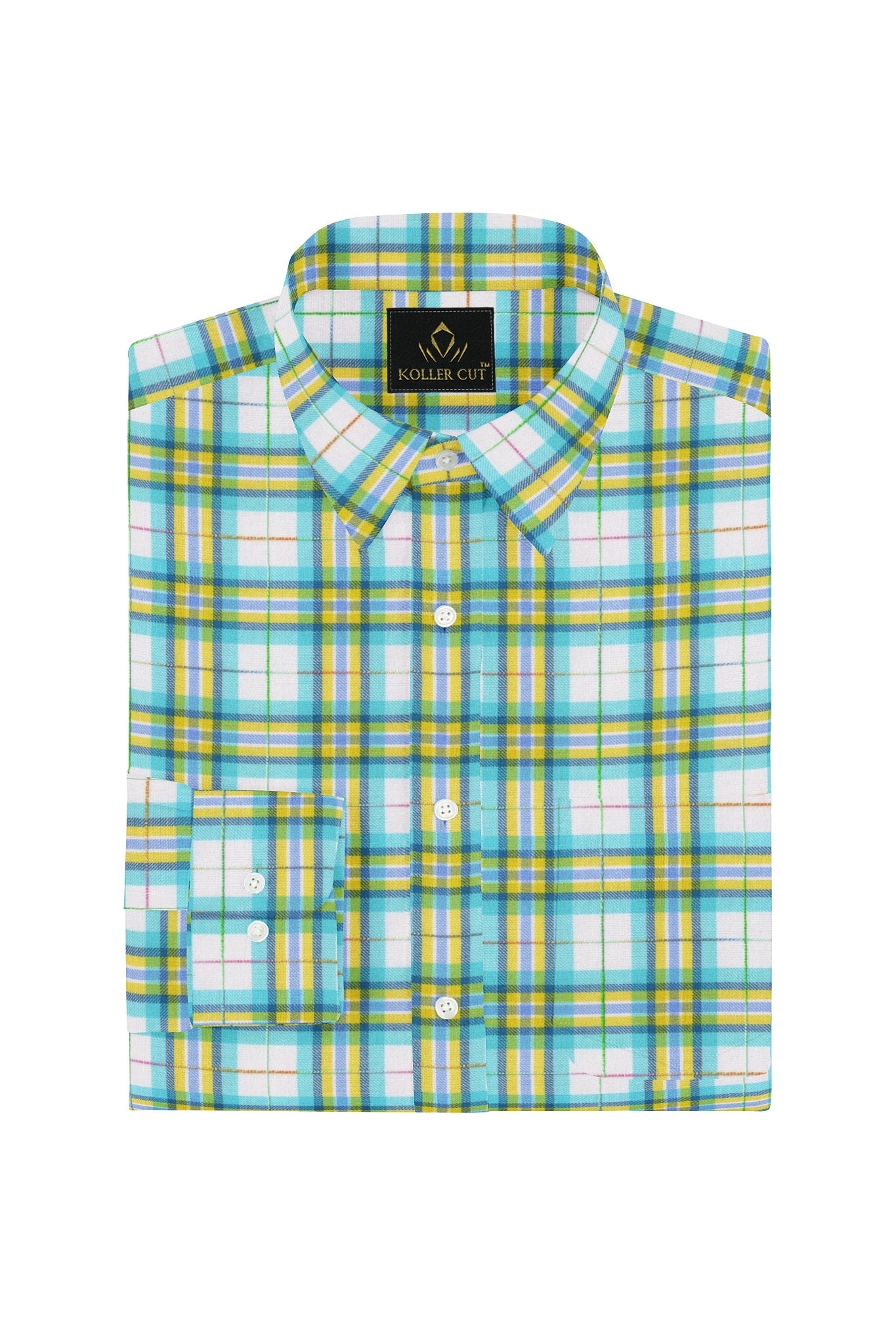 White with Cadmium Yellow and Aqua Blue Checks Cotton Shirt