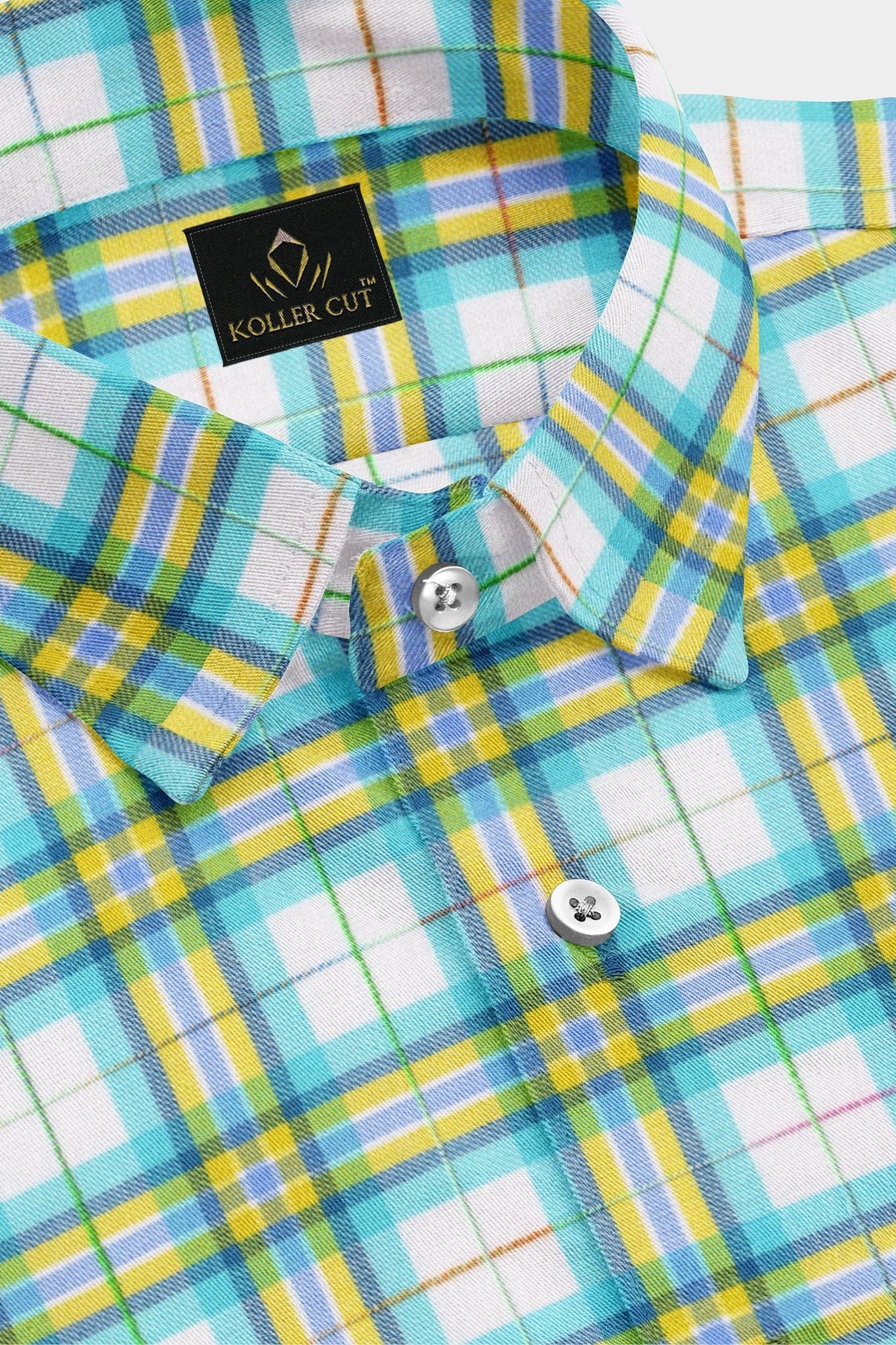White with Cadmium Yellow and Aqua Blue Checks Cotton Shirt
