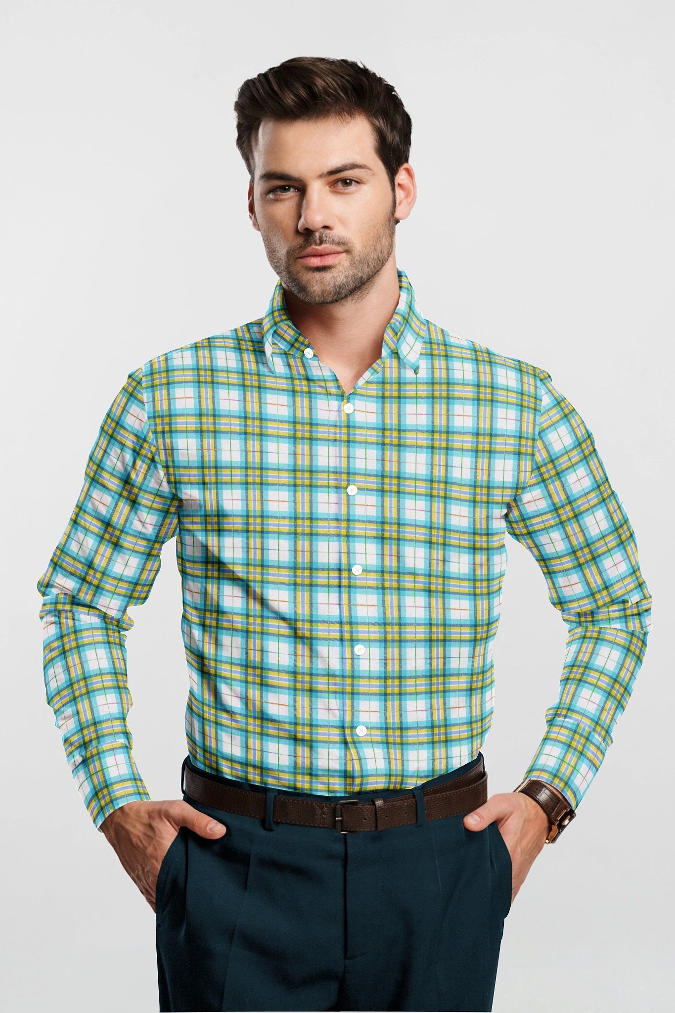 White with Cadmium Yellow and Aqua Blue Checks Cotton Shirt