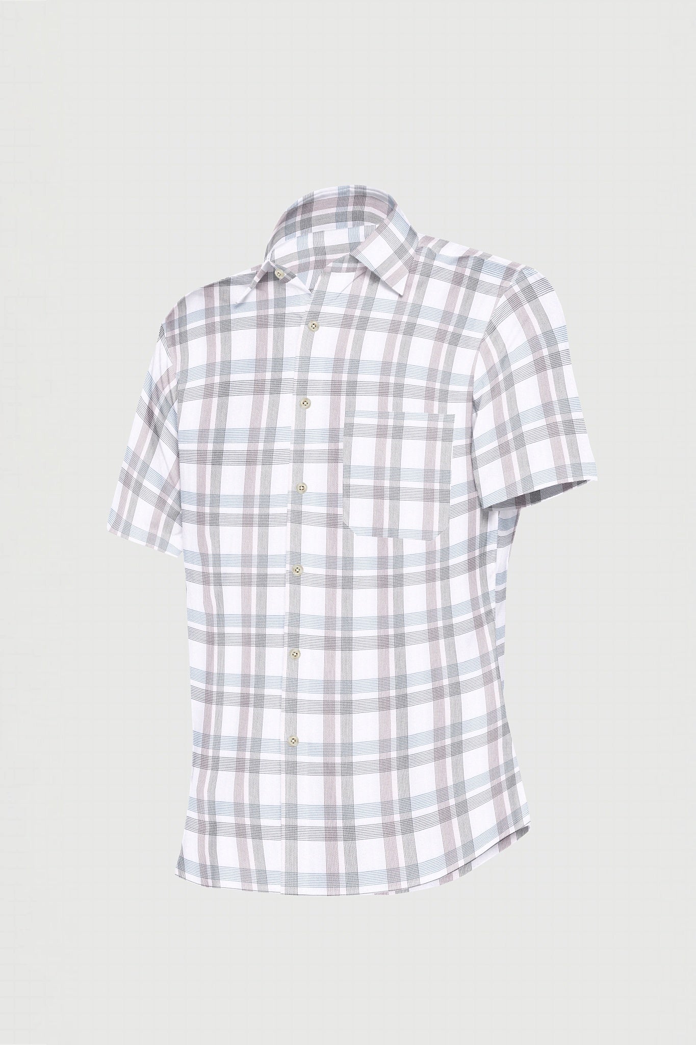 White with Steel Blue and Auburn Red Dash Checks Cotton Shirt
