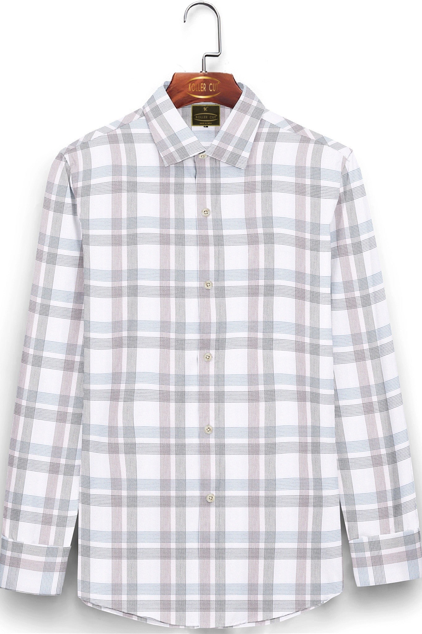 White with Steel Blue and Auburn Red Dash Checks Cotton Shirt