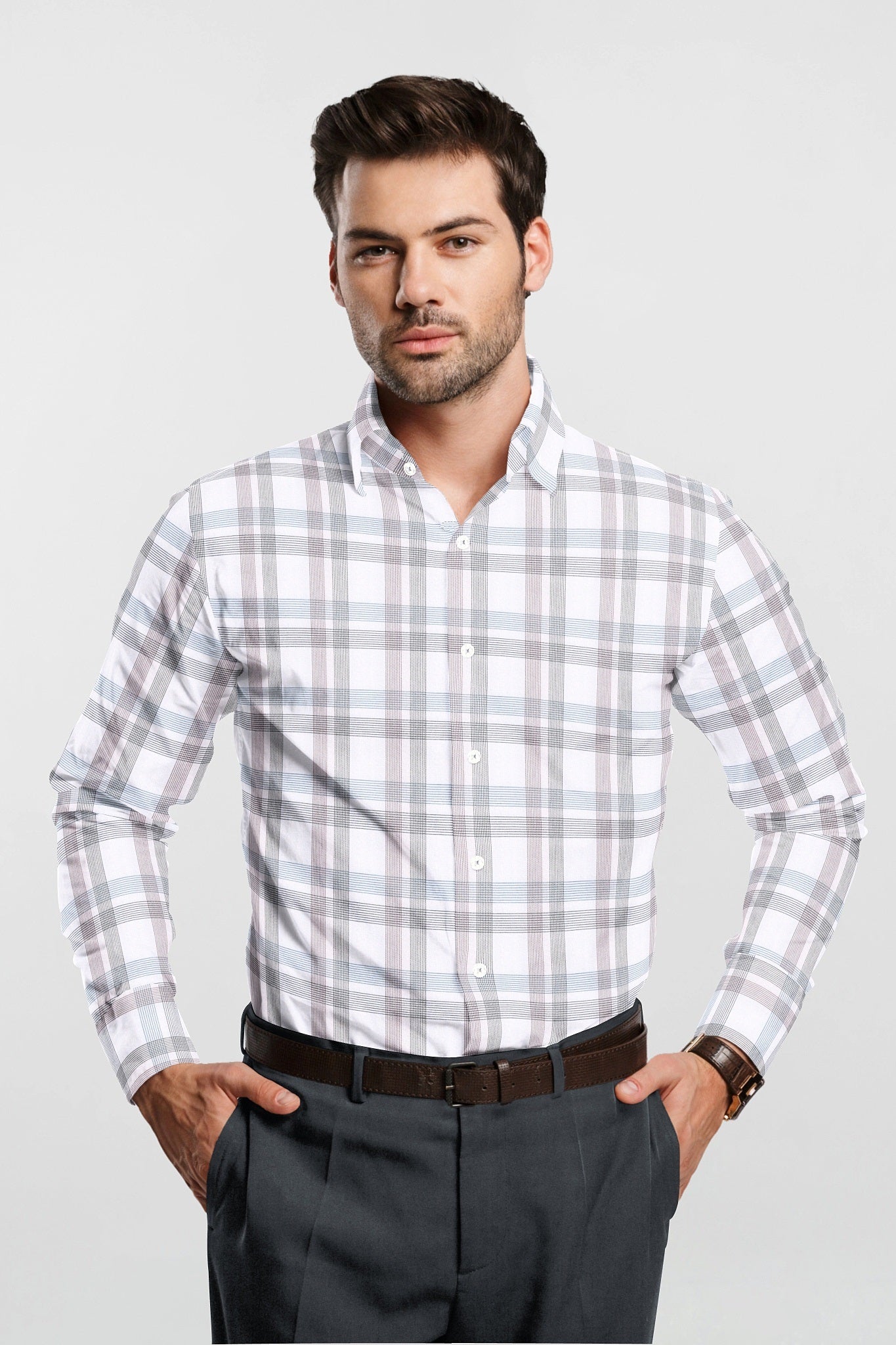 White with Steel Blue and Auburn Red Dash Checks Cotton Shirt