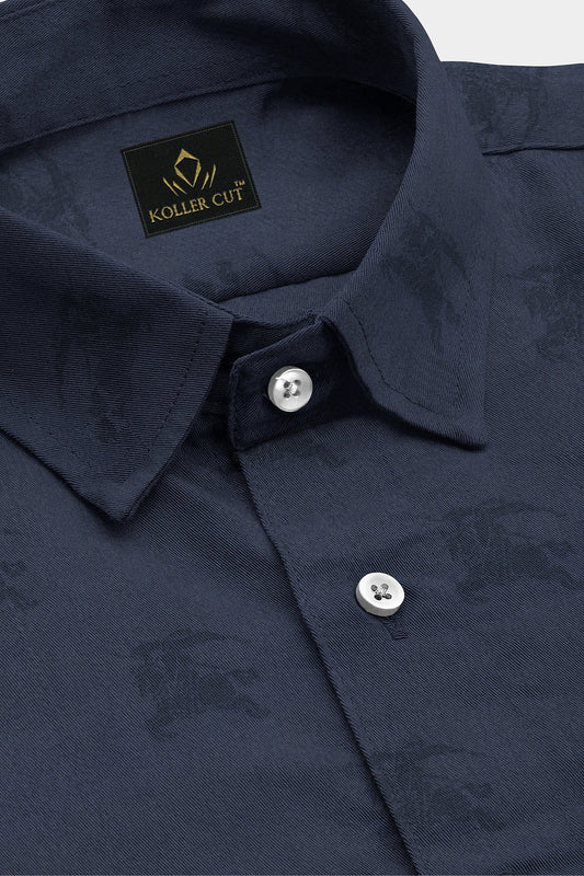 Slate Blue and Black Jacquard Knight Rider Printed Premium Giza Cotton Shirt