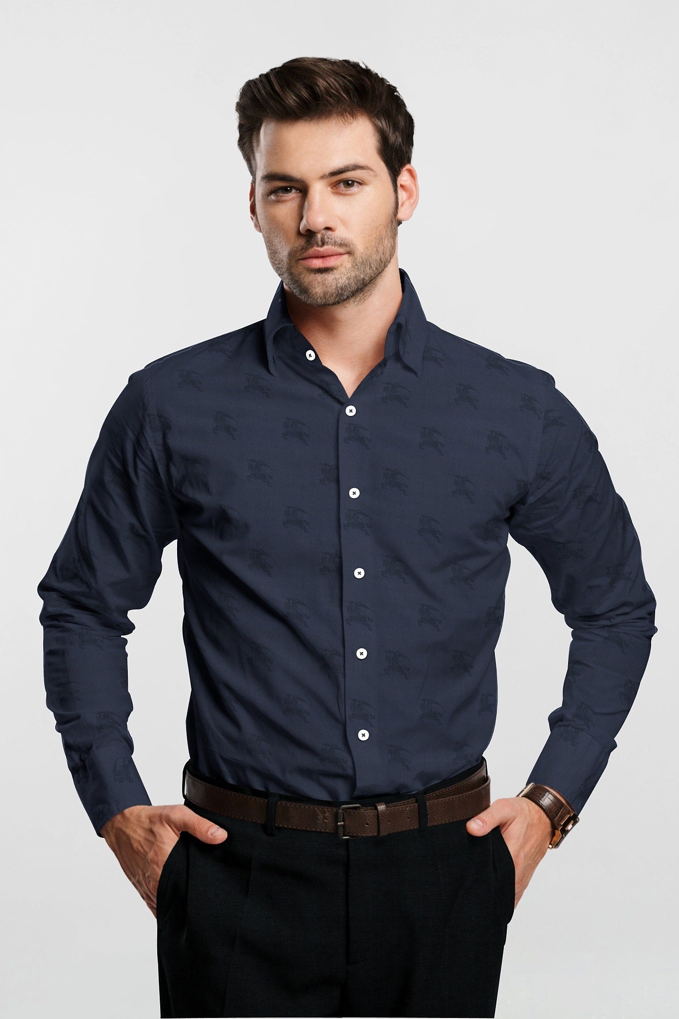 Slate Blue and Black Jacquard Knight Rider Printed Premium Giza Cotton Shirt