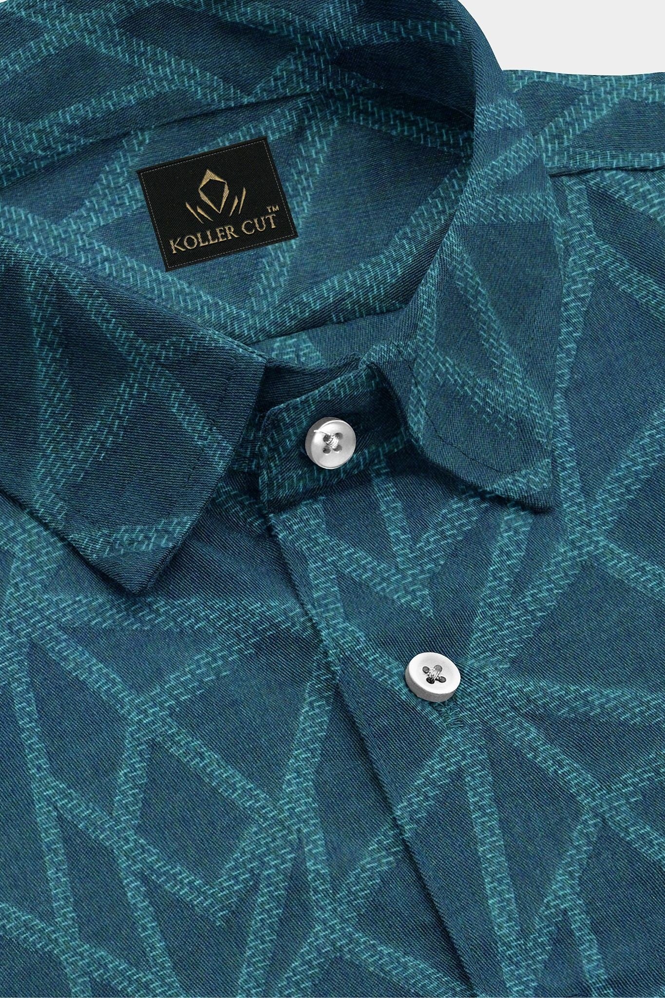 Teal Blue and Turquoise Blue Abstract Jacquard Print Egyptian Giza Cotton Shirt