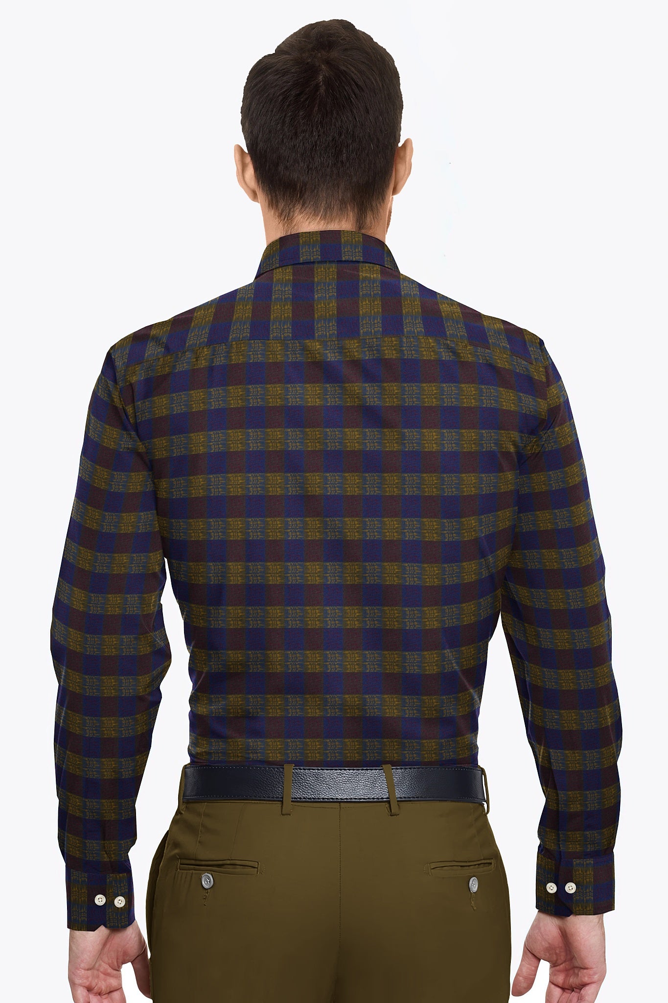 Shitake Brown with Baleine Blue and Ochre Yellow Checks Egyptian Giza The Stiff Collar Cotton Shirt