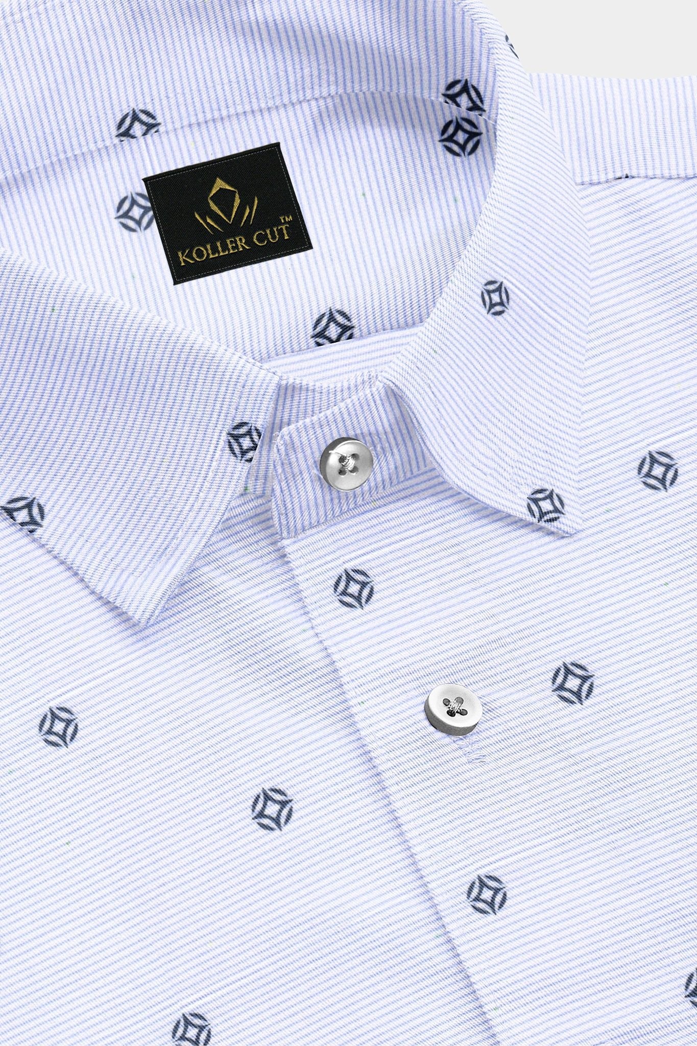 White with Chetwode Blue Pinstriped Denim Blue Buti Pattern Printed Men's Premium Cotton Shirt