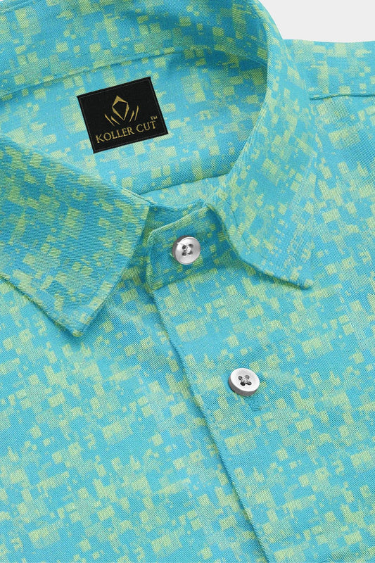 Turquoise Blue and Minion Yellow Tetris Jacquard Printed Egyptian Giza Cotton Shirt