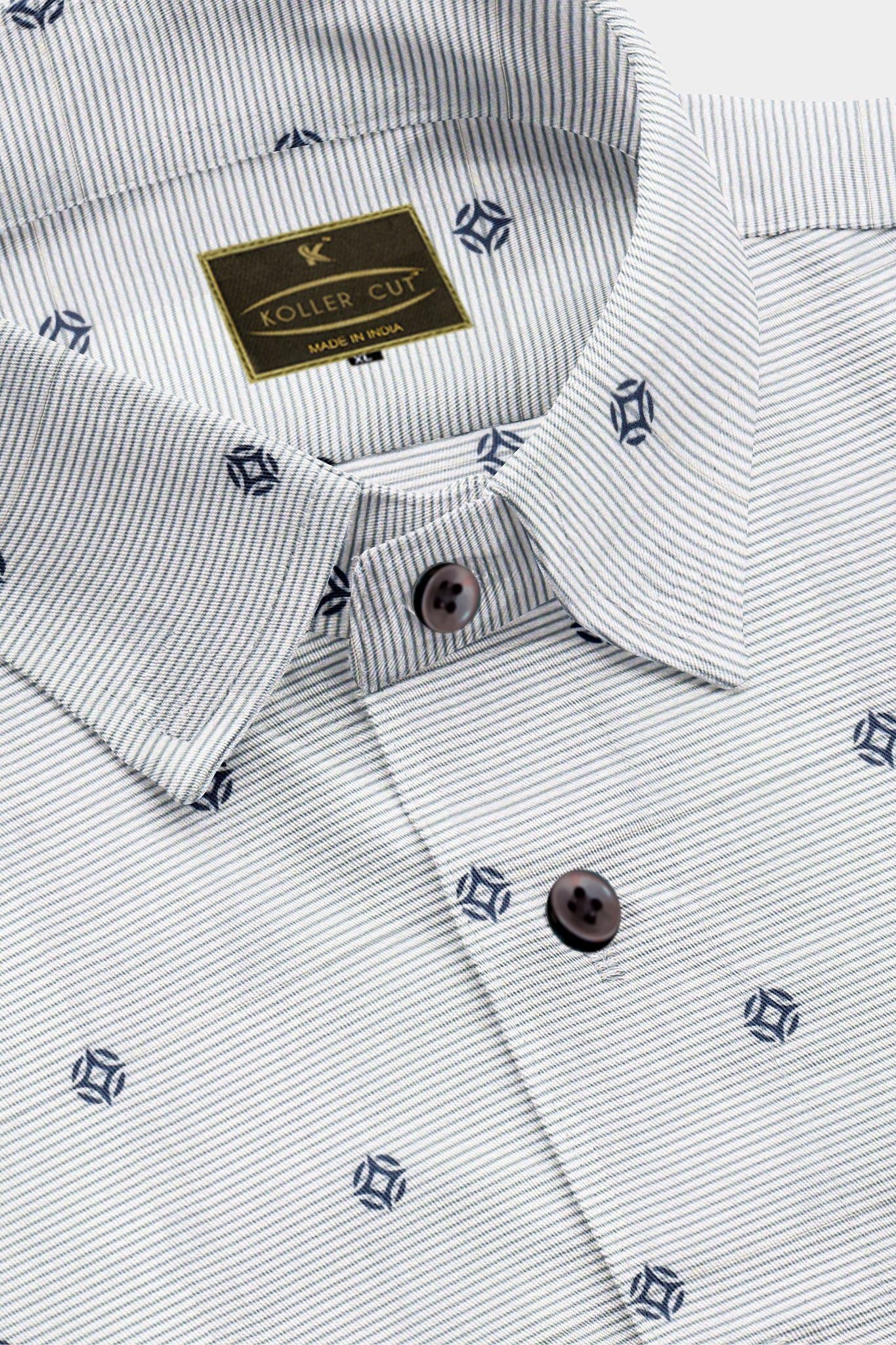 Quartz White with Olive Pinstriped Denim Blue Buti Patterned Printed Cotton Shirt