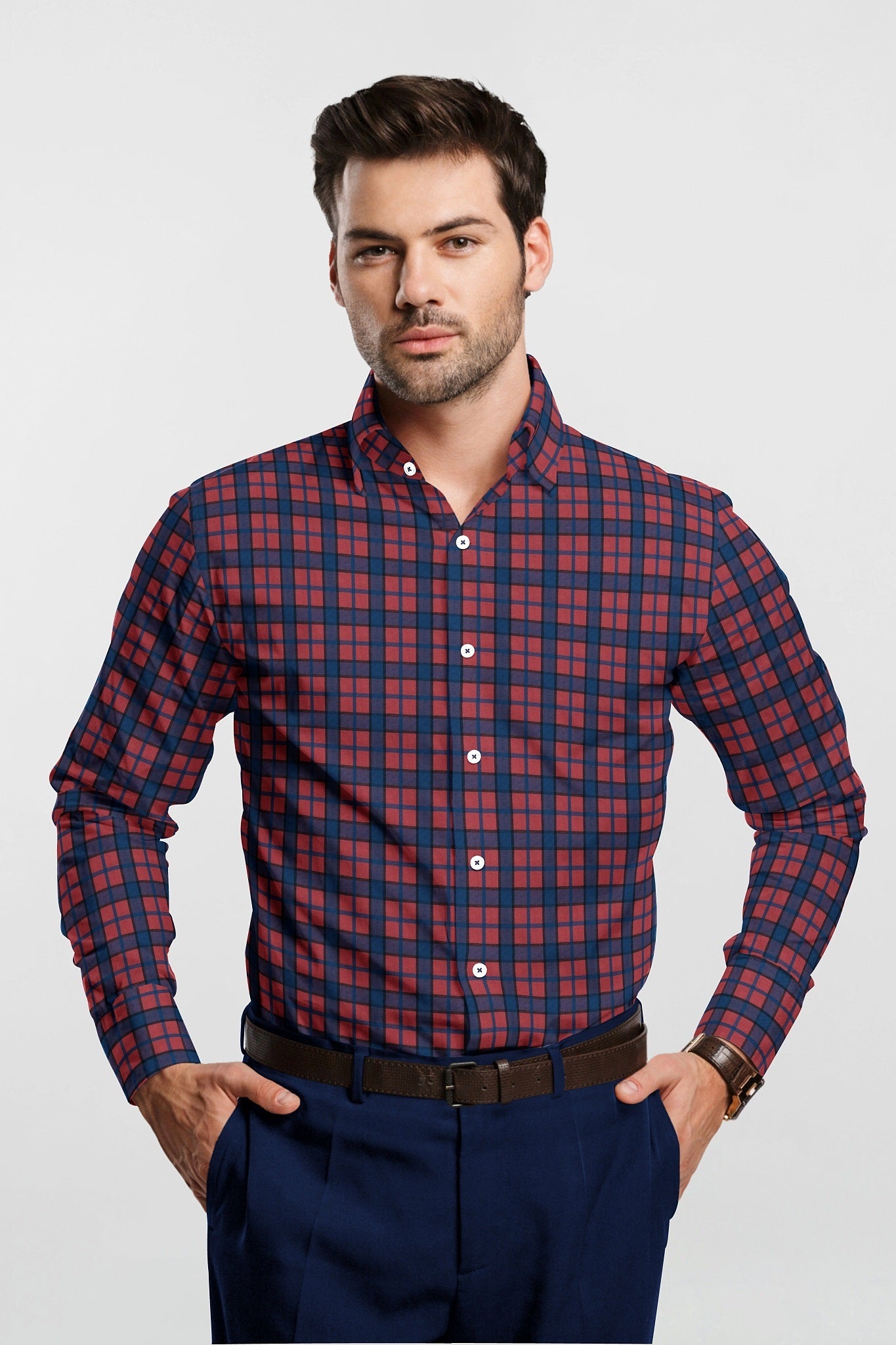 Auburn Red with Cyprus Blue and Royal Blue Checks Premium Cotton Shirt