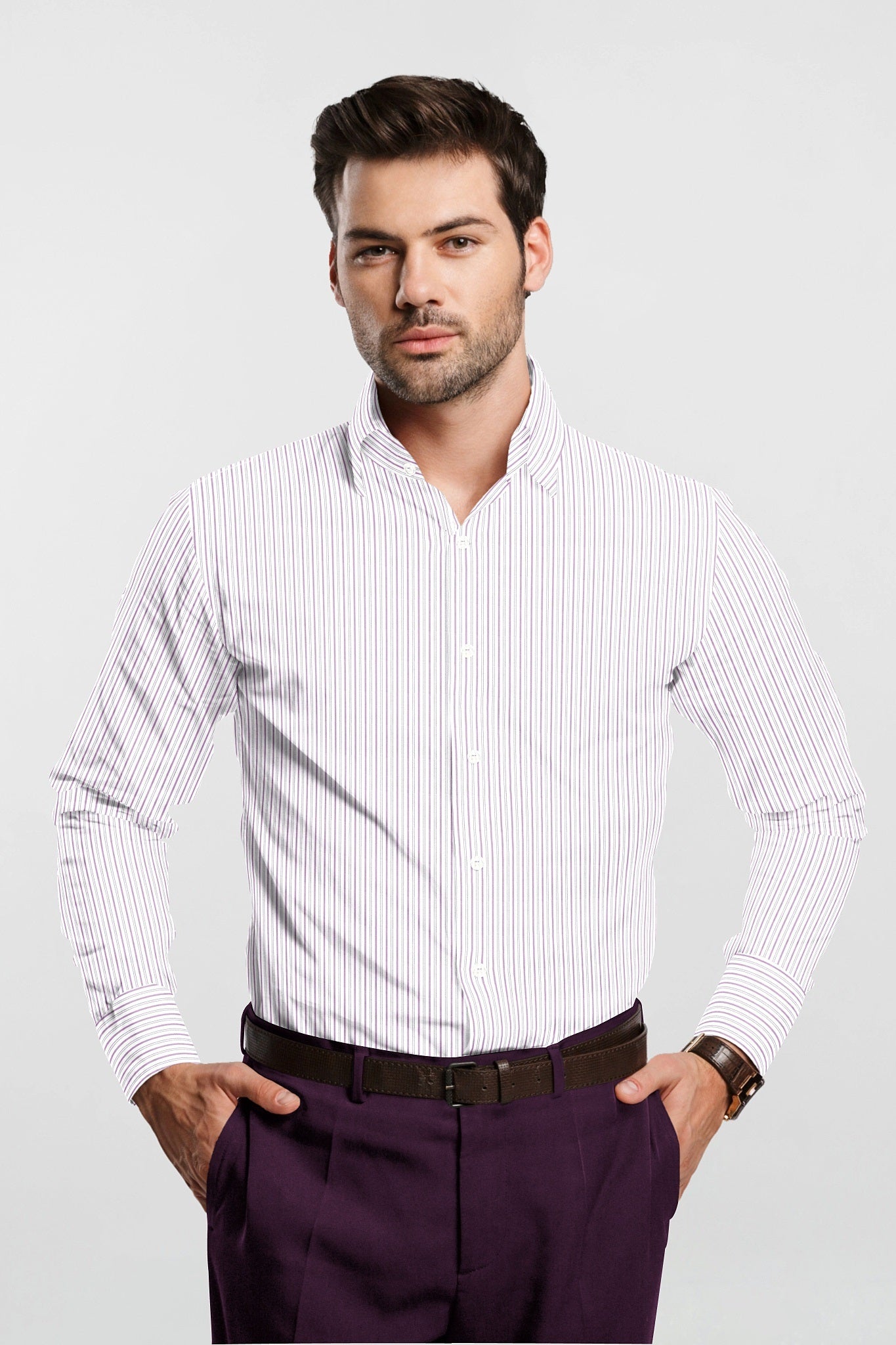White and Mauve Purple Multitrack Stripes Cotton Shirt