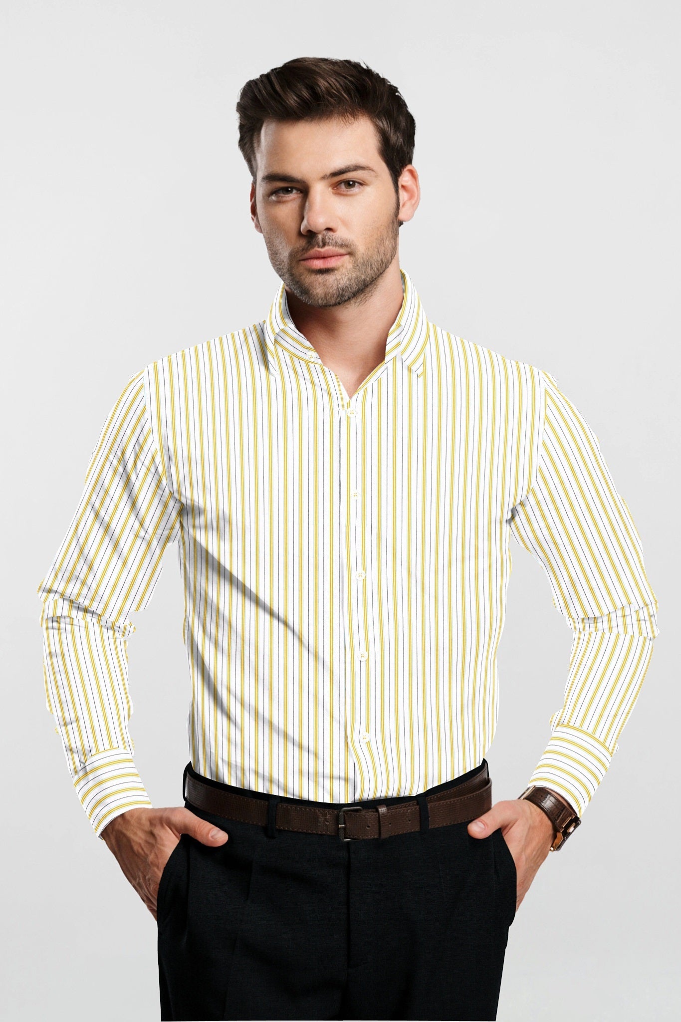 White with Freesia Yellow and Black Stripes Egyptian Giza Cotton Shirt