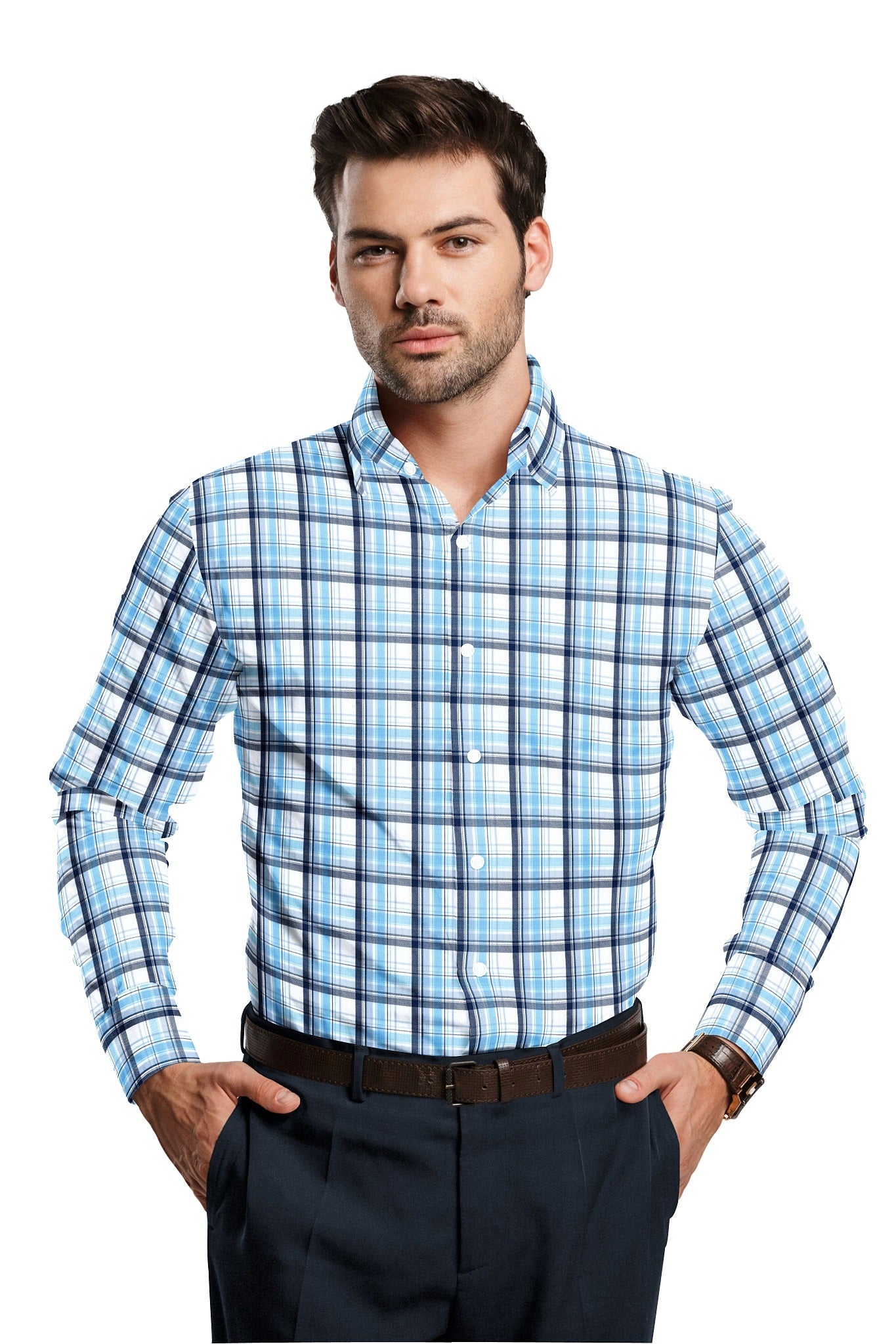 Kollercut - White with Poseidon Blue and Aquarius Blue Men's Checks Formal Cotton Shirt