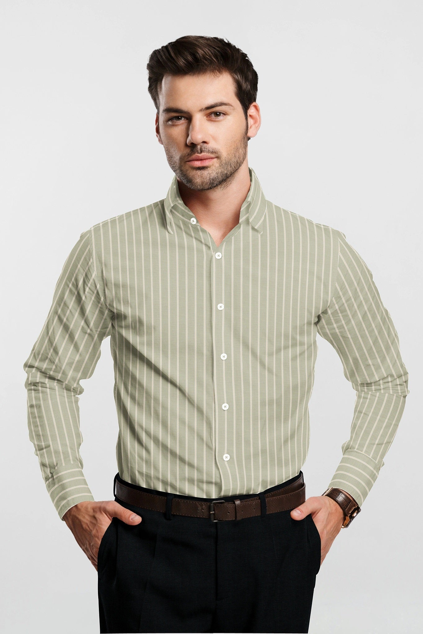 Moth Cream with White and Papyrus Cream Stripes Giza Cotton Shirt