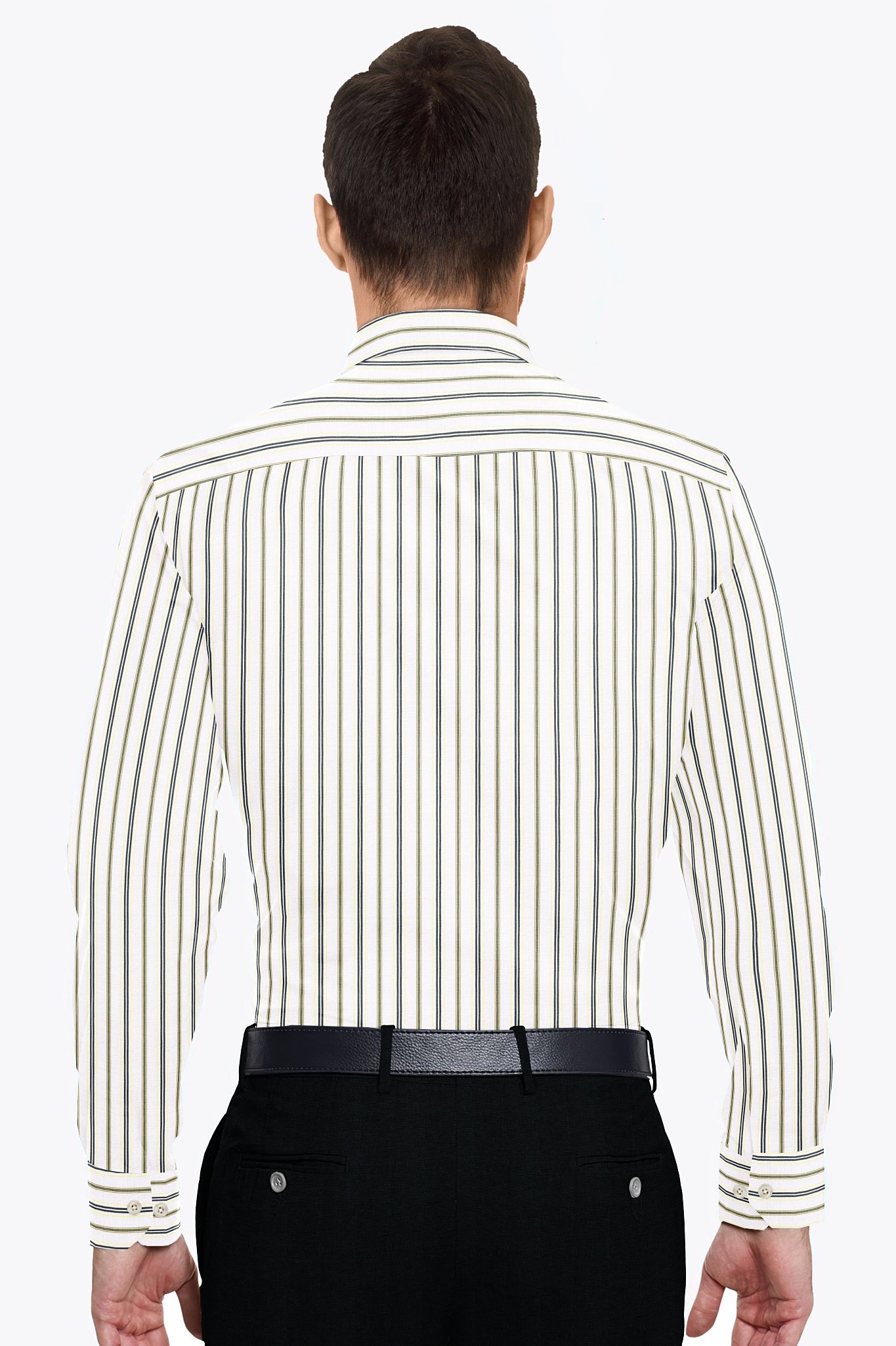 White with Verbena Lemon Yellow and Black Hairline Stripes Giza Cotton Shirt