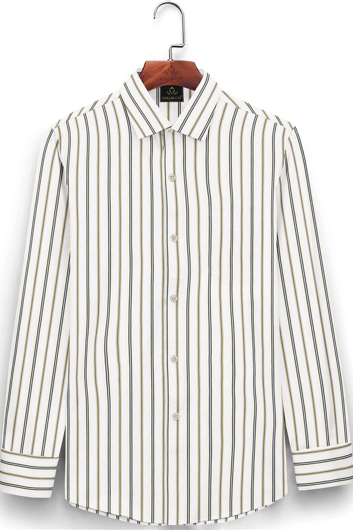 White with Verbena Lemon Yellow and Black Hairline Stripes Giza Cotton Shirt