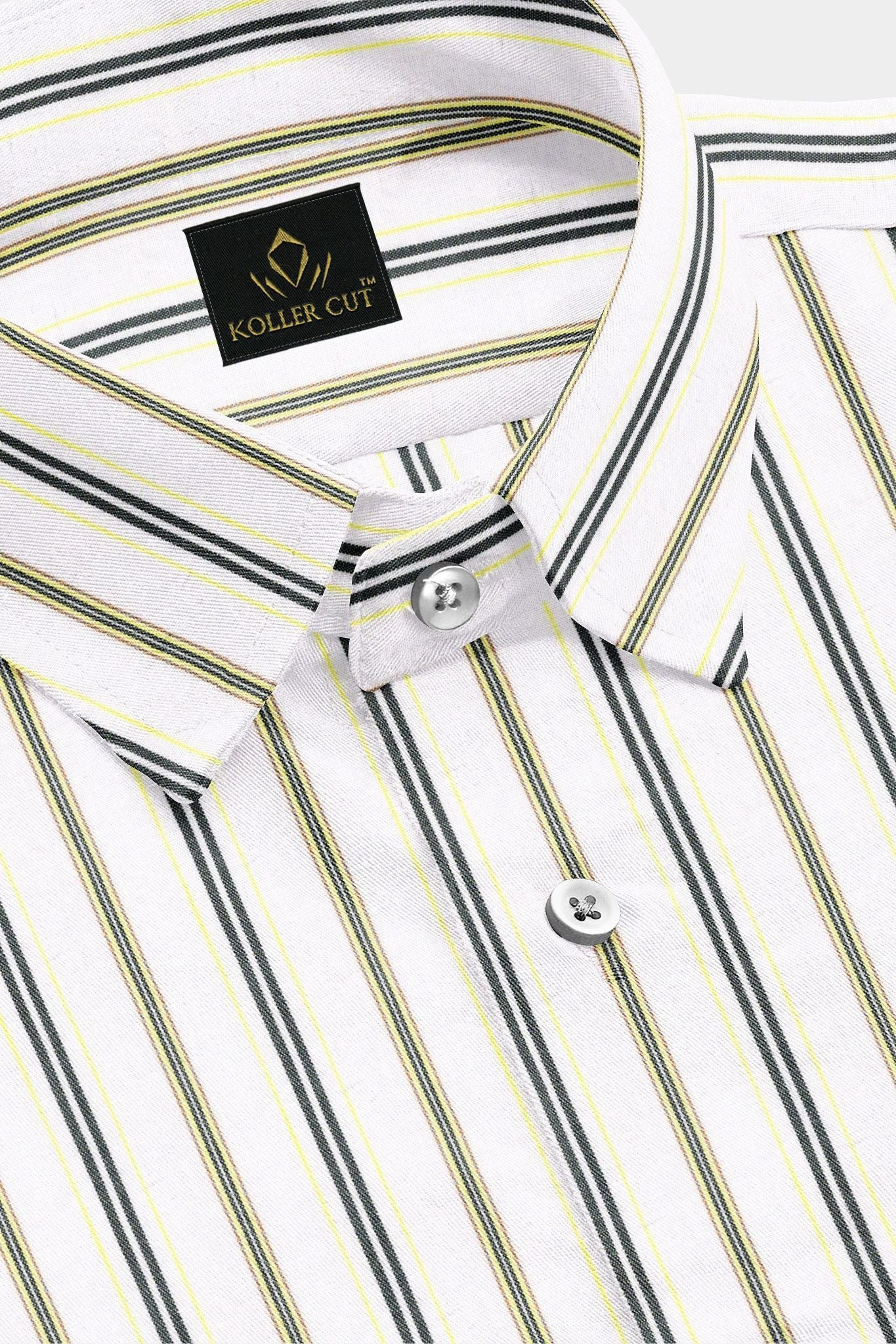 White with Verbena Lemon Yellow and Black Hairline Stripes Giza Cotton Shirt