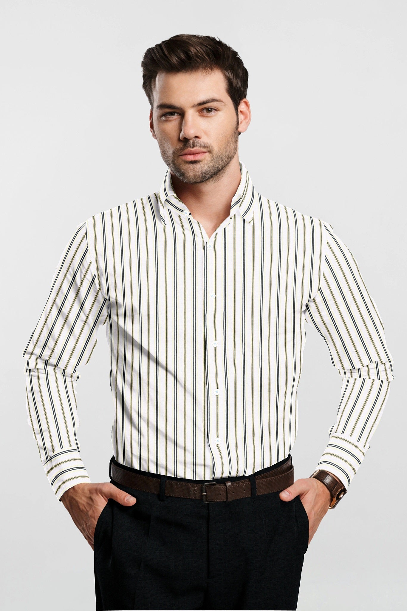 White with Verbena Lemon Yellow and Black Hairline Stripes Giza Cotton Shirt
