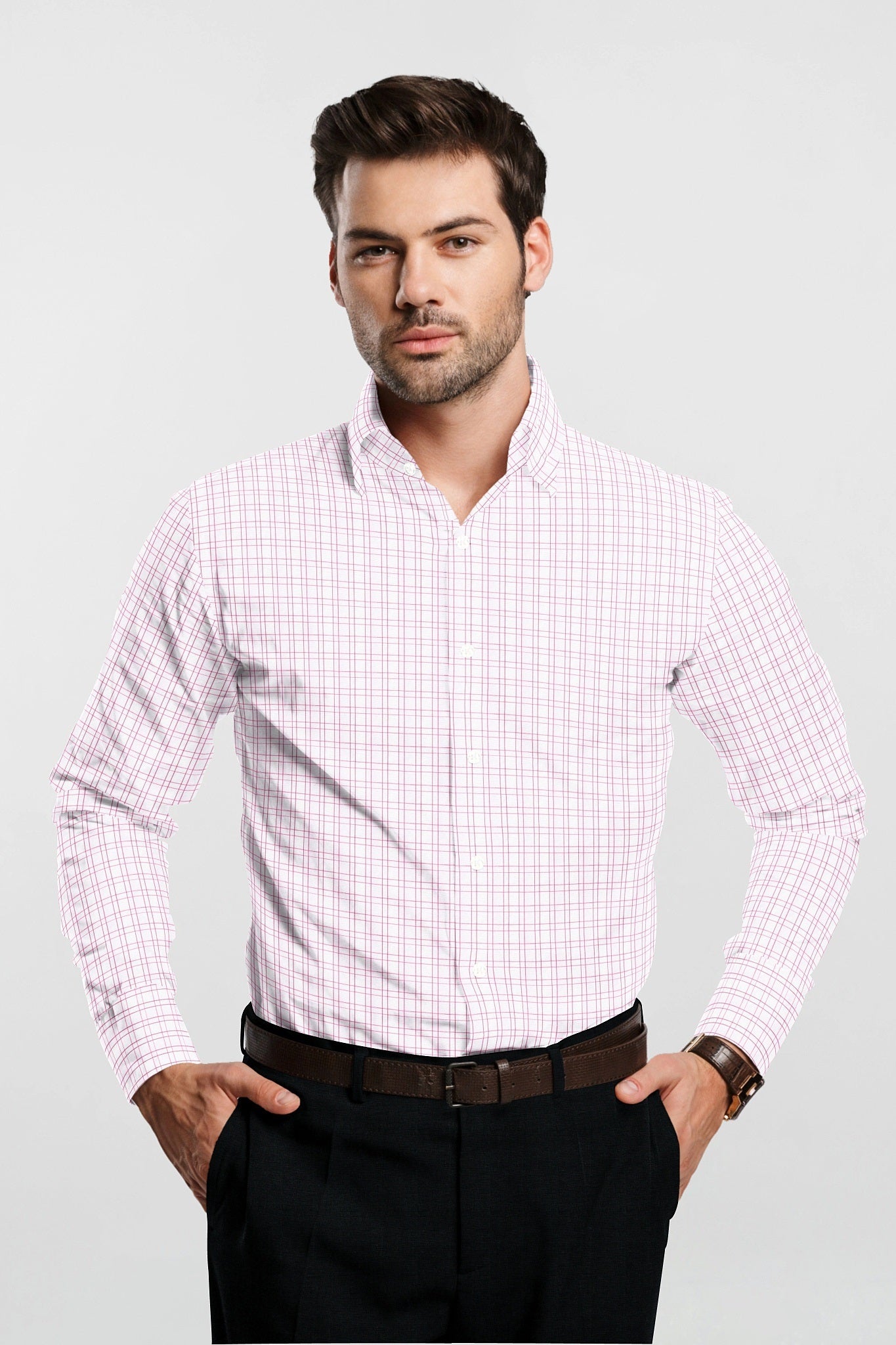 White with Cordovan Red Checks Premium Cotton Shirt