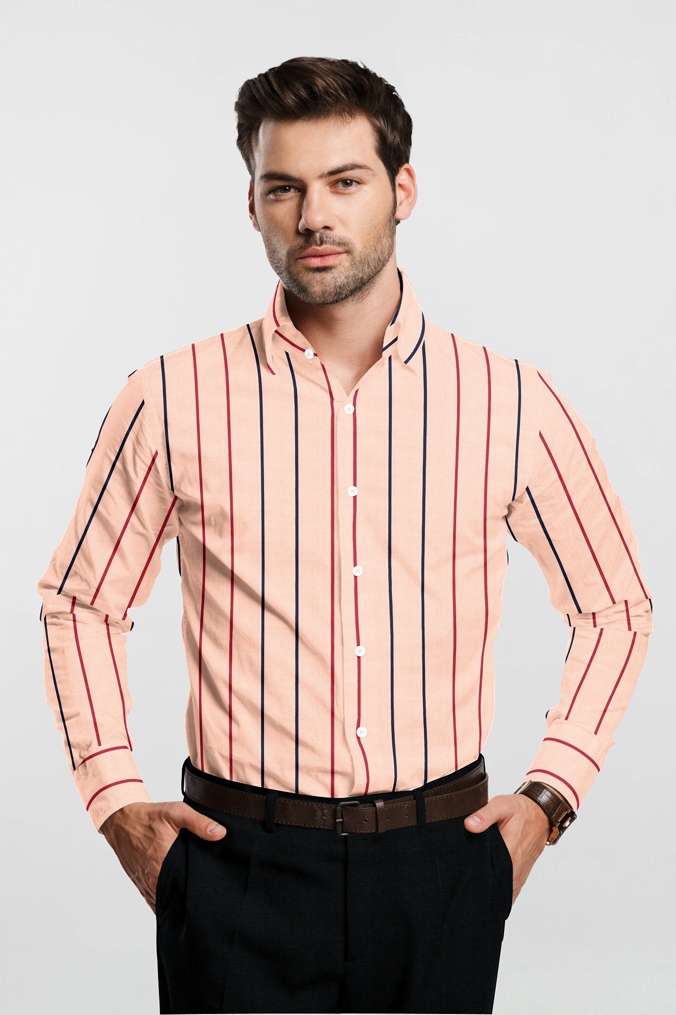 Parfait Peach with Poppy Red and Peony Navy Chalk Stripes Premium Cotton Shirt