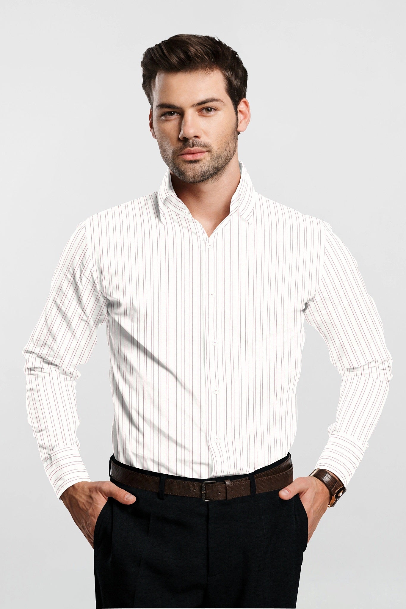 White with Cordovan Red Double Stripes Premium Cotton Shirt