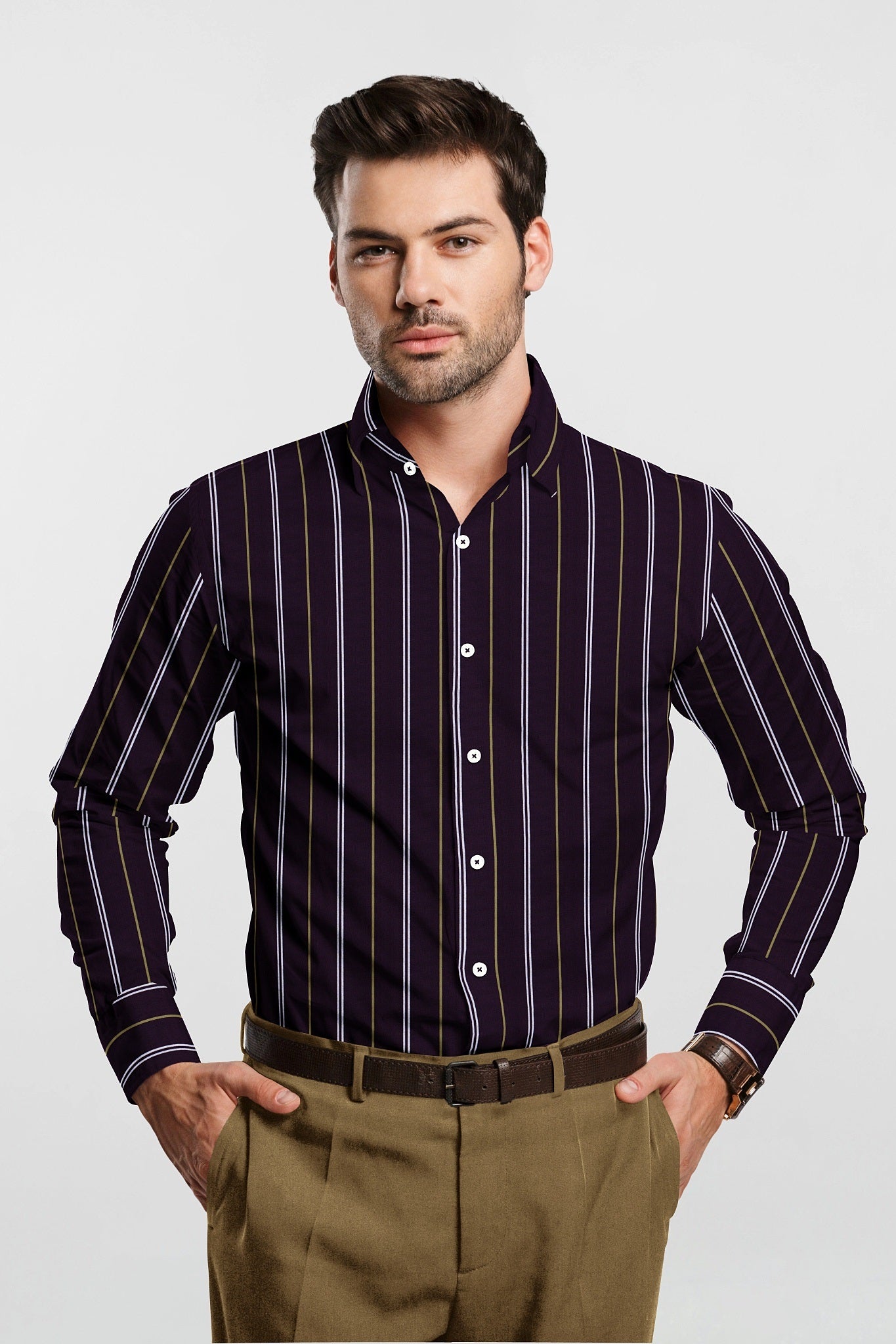 Prune Purple with Moth Cream and White Stripes Cotton Shirt