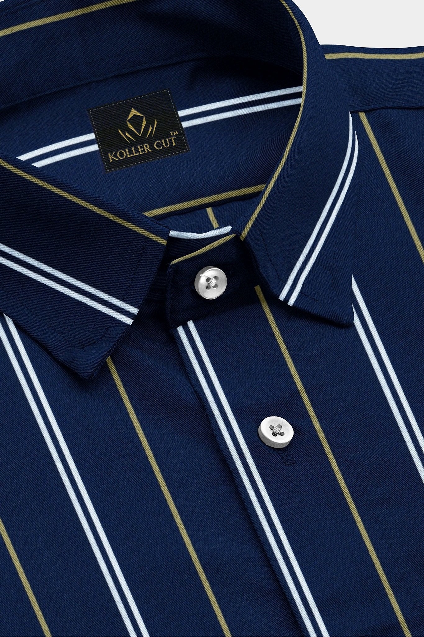 Plus Size Shirts for Men Online in Chennai India - Mazarine blue with Moth Cream and White Stripes Cotton Shirt