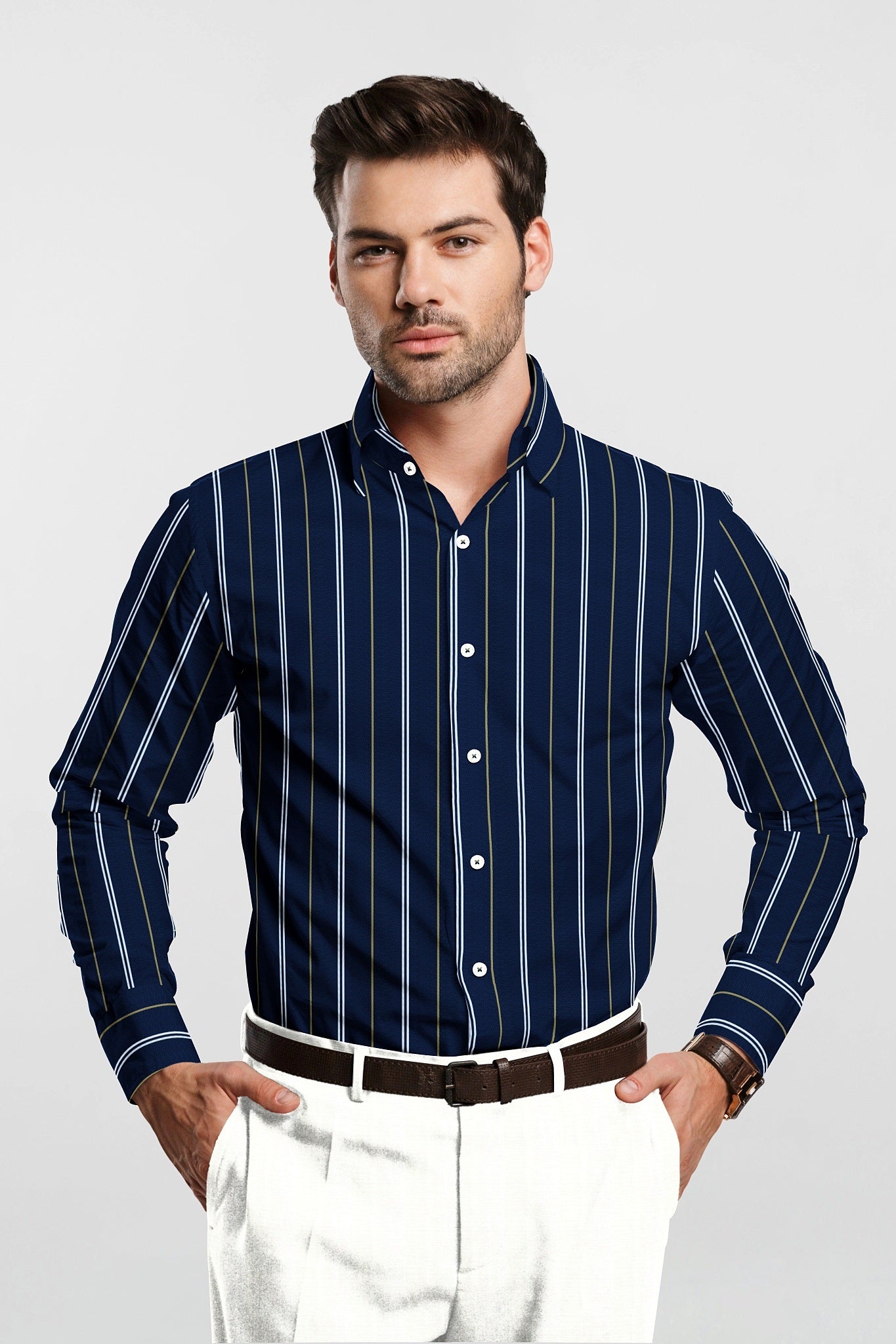 Mazarine blue with Moth Cream and White Stripes Cotton Shirt