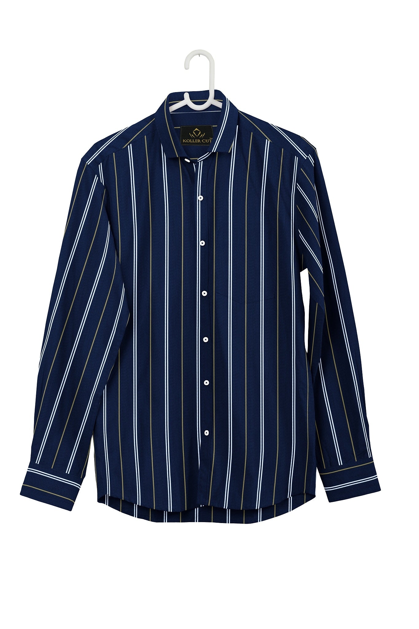 Plus Size Shirts for Men Online in Chennai India - Mazarine blue with Moth Cream and White Stripes Cotton Shirt