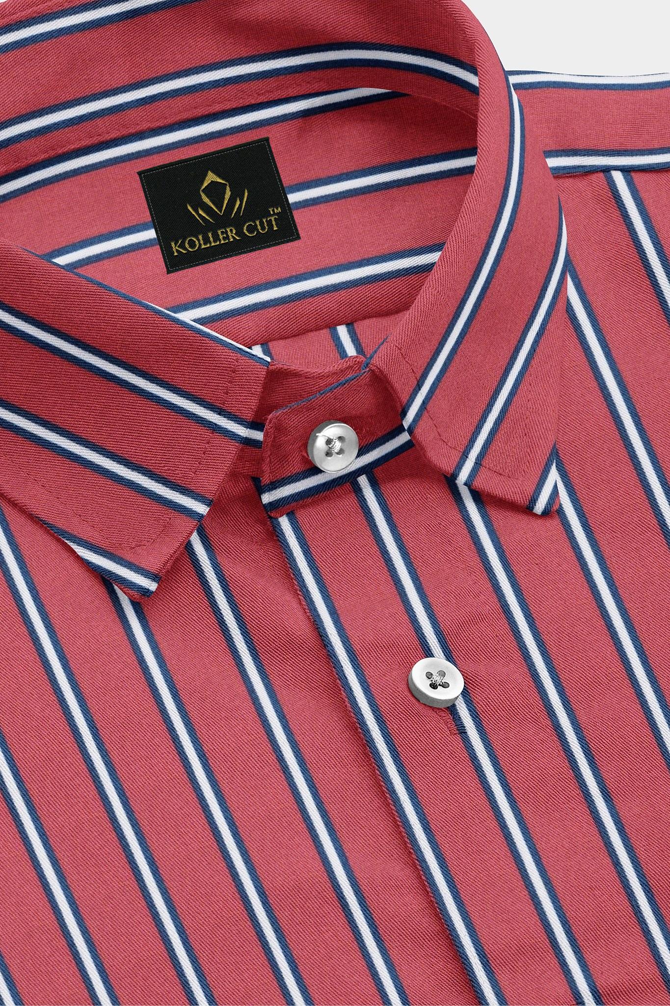 Baroque Rose Red with Peony Blue and White Stripes Cotton Shirt
