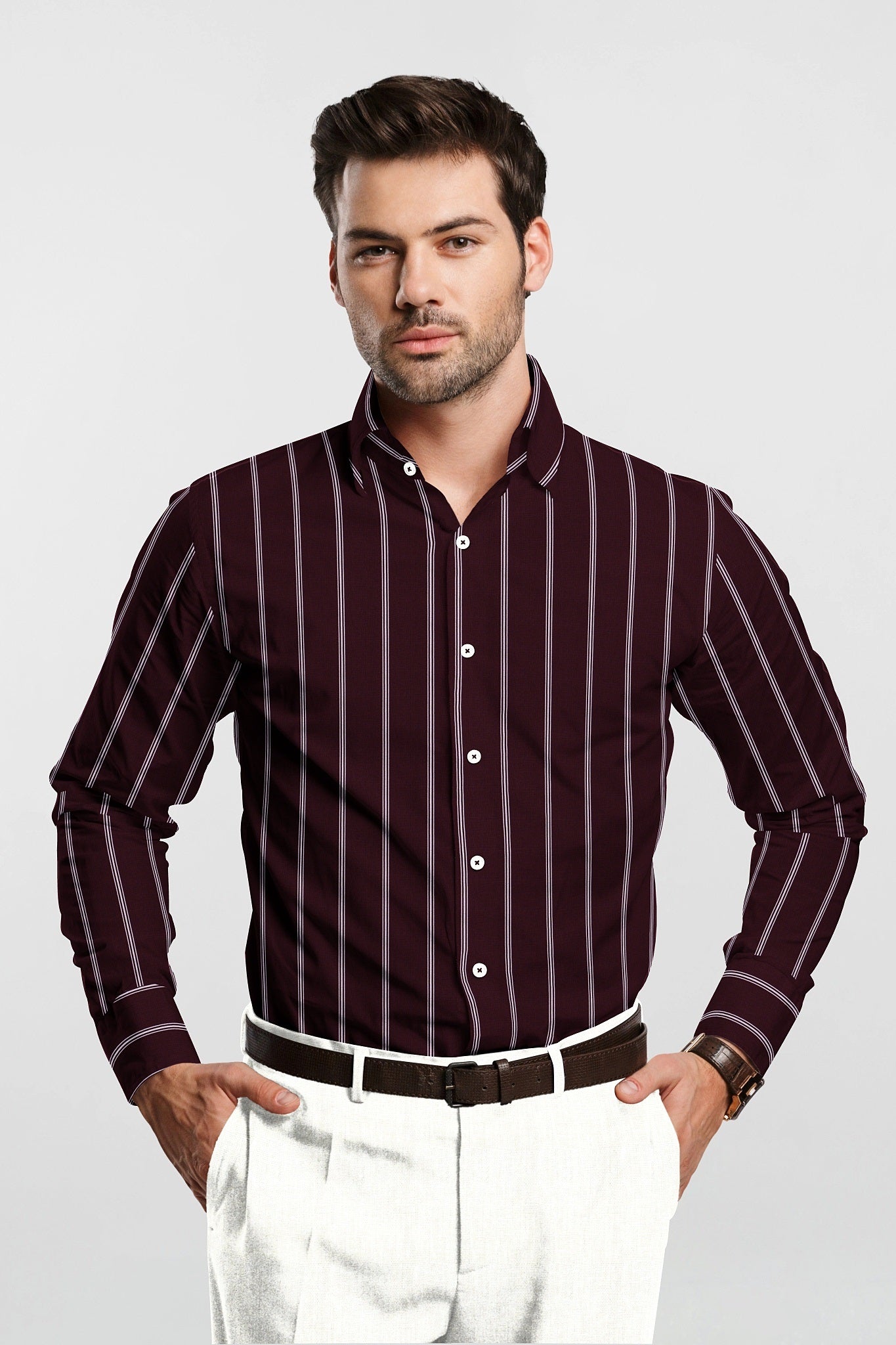 linen plus size shirts for men in Chennai India - Cabernet Red and White Stripes Cotton Shirt