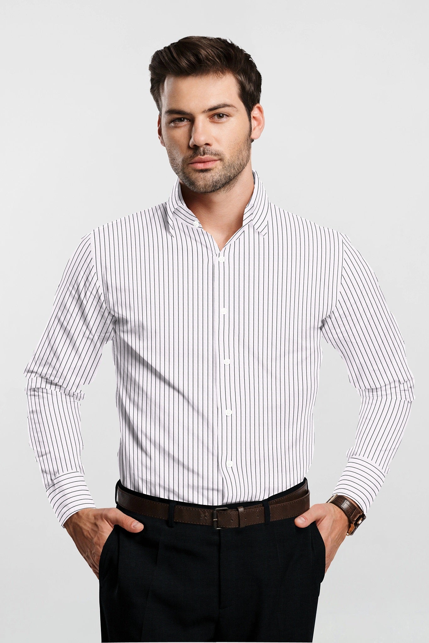 Jet Black and White Pinstripes Cotton Shirt