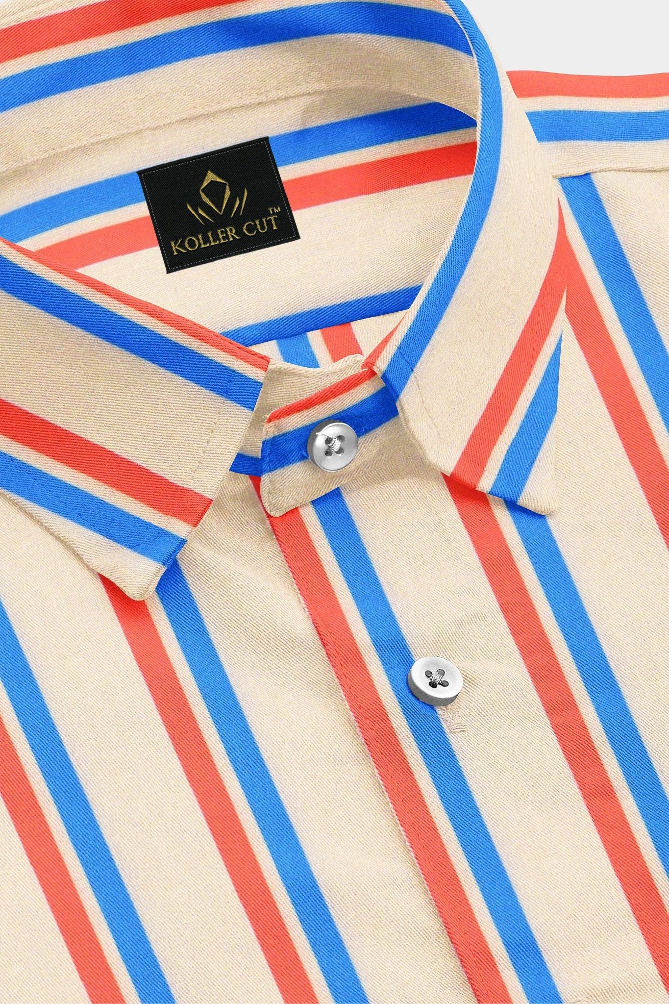 Beige with Baleine blue and Poinciana Orange Stripes Cotton Shirt