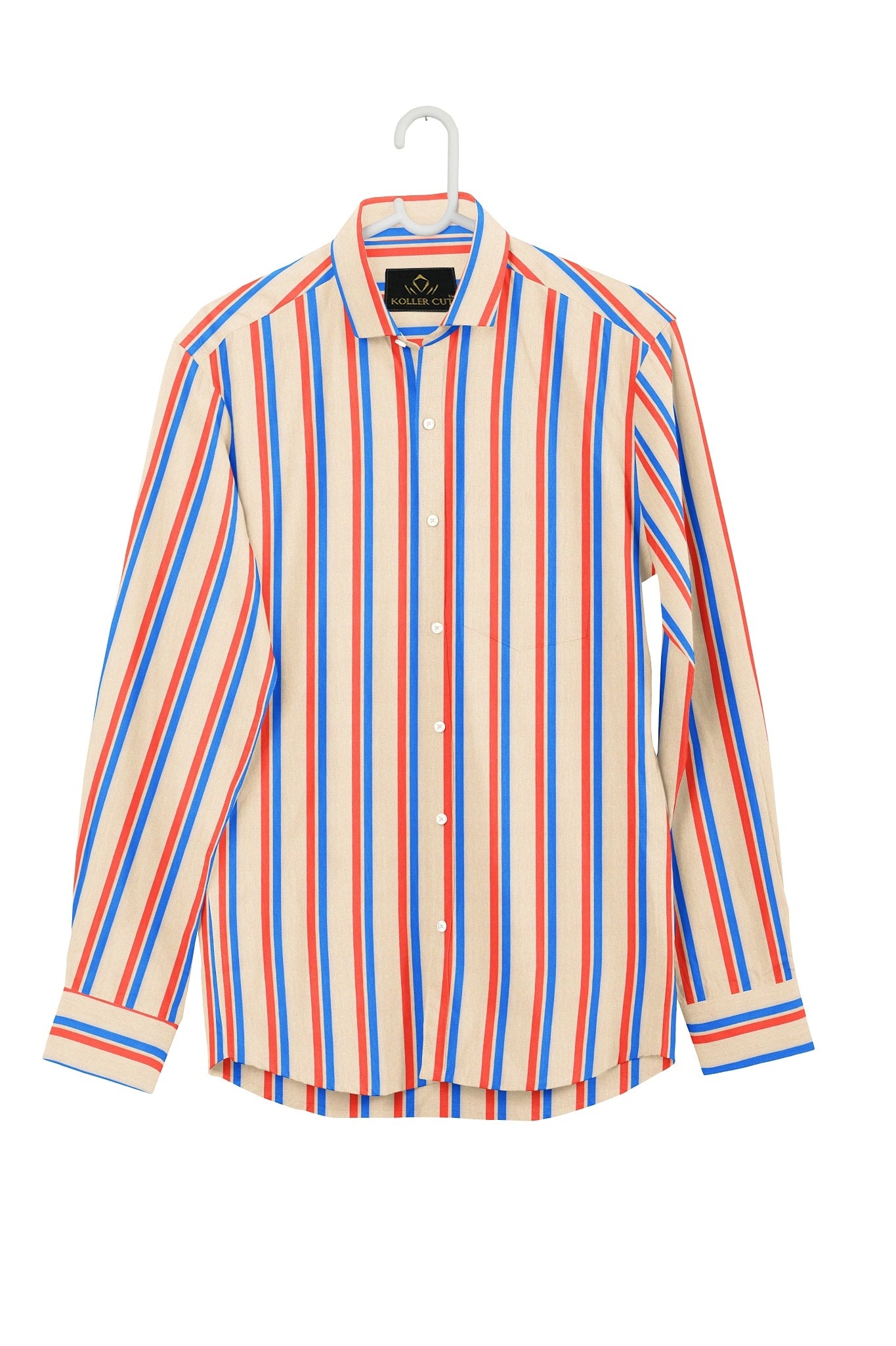 Beige with Baleine blue and Poinciana Orange Stripes Cotton Shirt