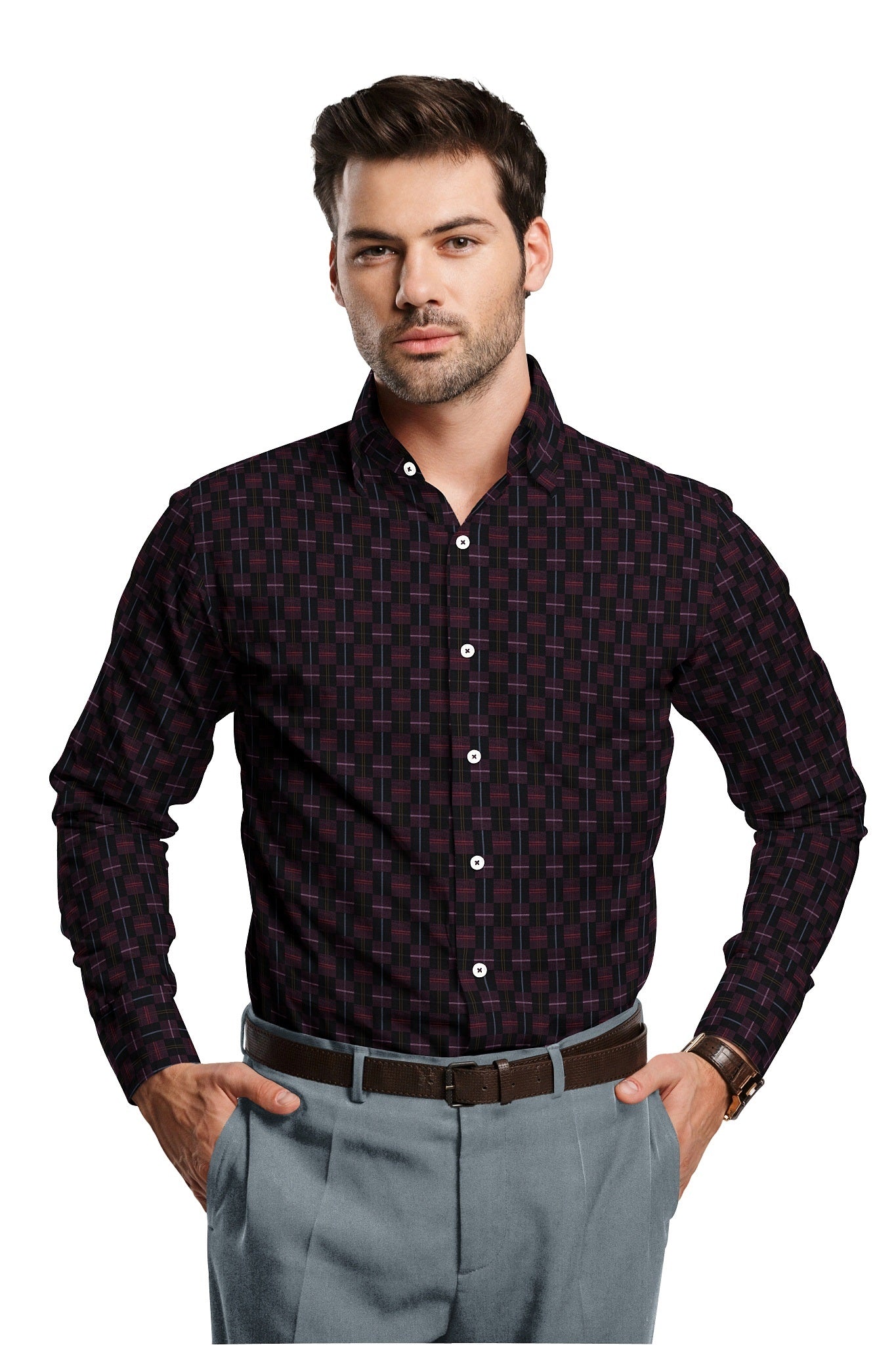 Jade Black with Potent Purple and Azalea Pink Checks Egyptian Giza Cotton Shirt