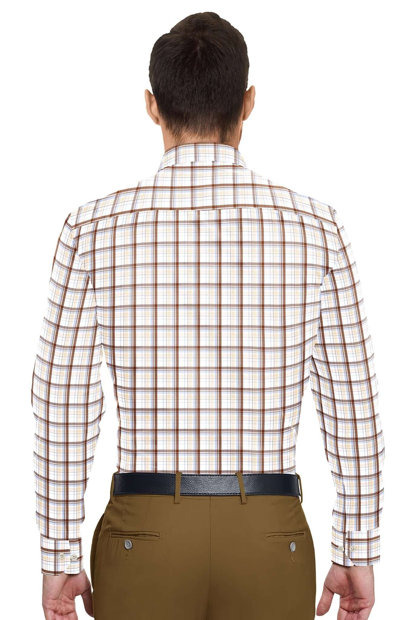 White with Copper Brown and Chambray Blue Checks Cotton Shirt
