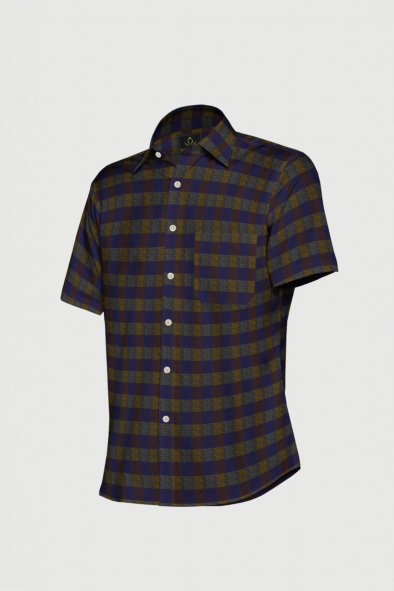 Shitake Brown with Baleine Blue and Ochre Yellow Checks Egyptian Giza The Stiff Collar Cotton Shirt