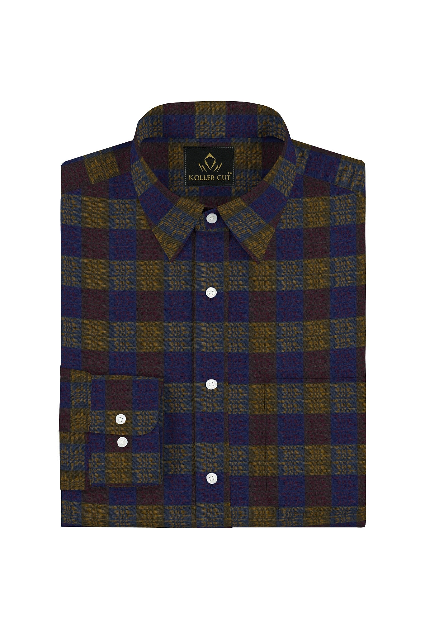 Shitake Brown with Baleine Blue and Ochre Yellow Checks Egyptian Giza The Stiff Collar Cotton Shirt