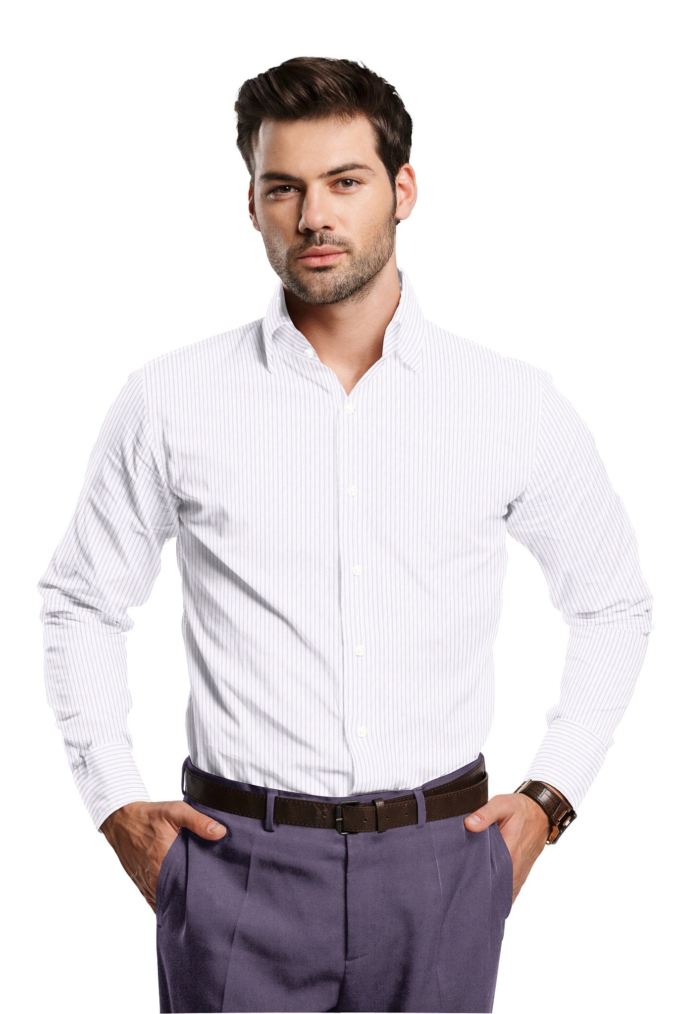White and Sheer Lilac Purple Pinstripes Cotton Shirt