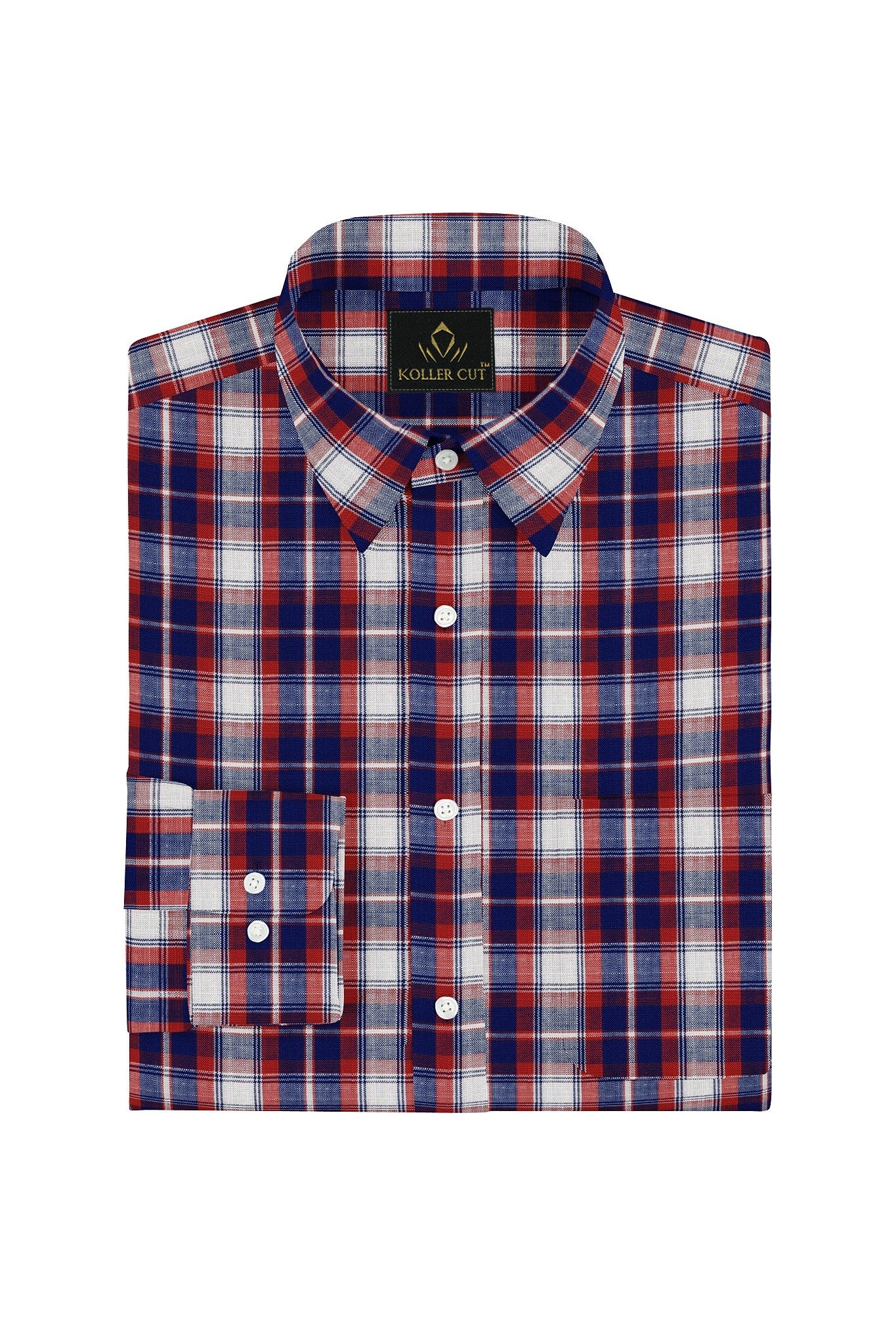 White with Indigo Blue and Chili Red Checks Cotton Shirt