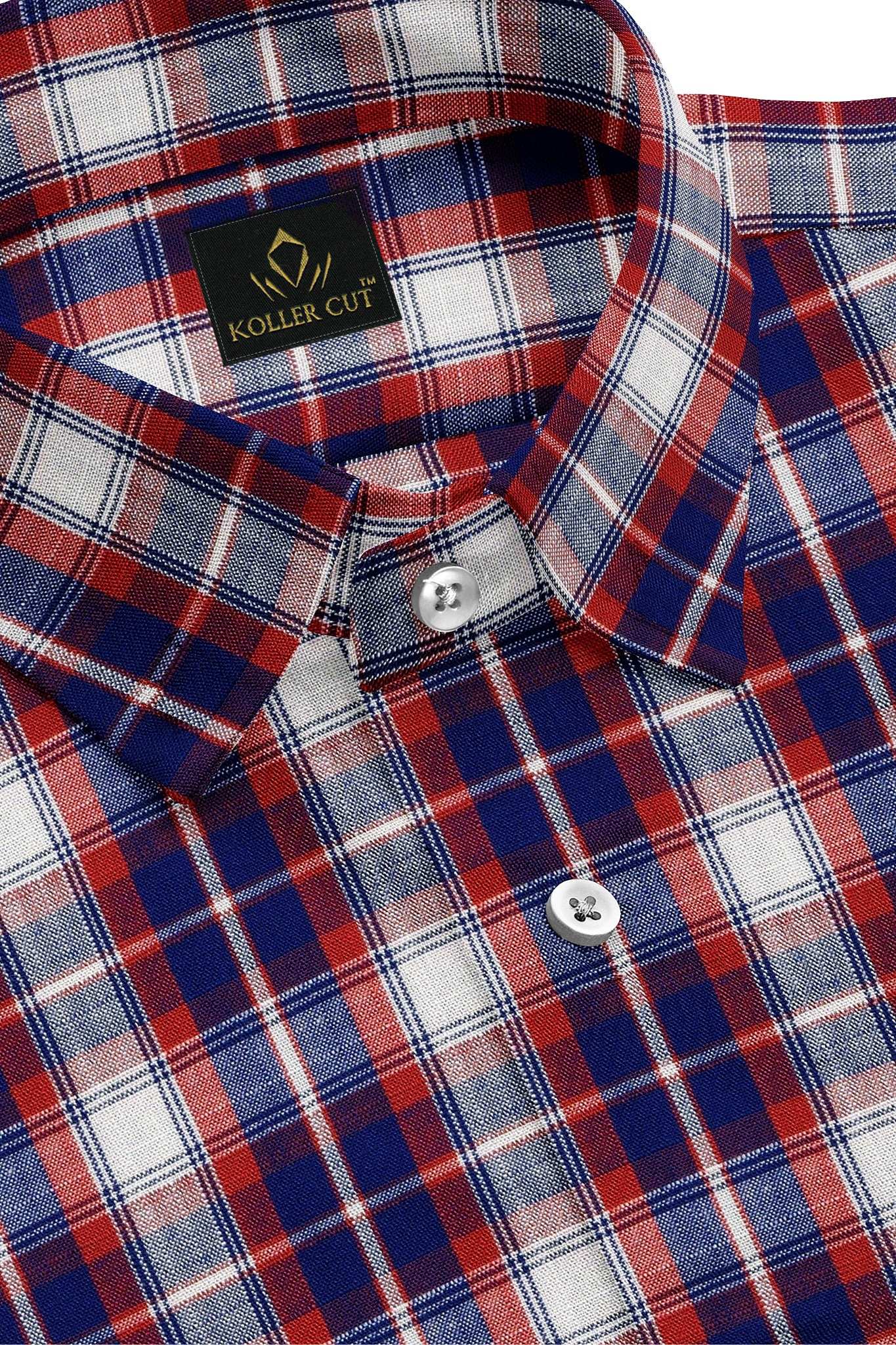 White with Indigo Blue and Chili Red Checks Cotton Shirt