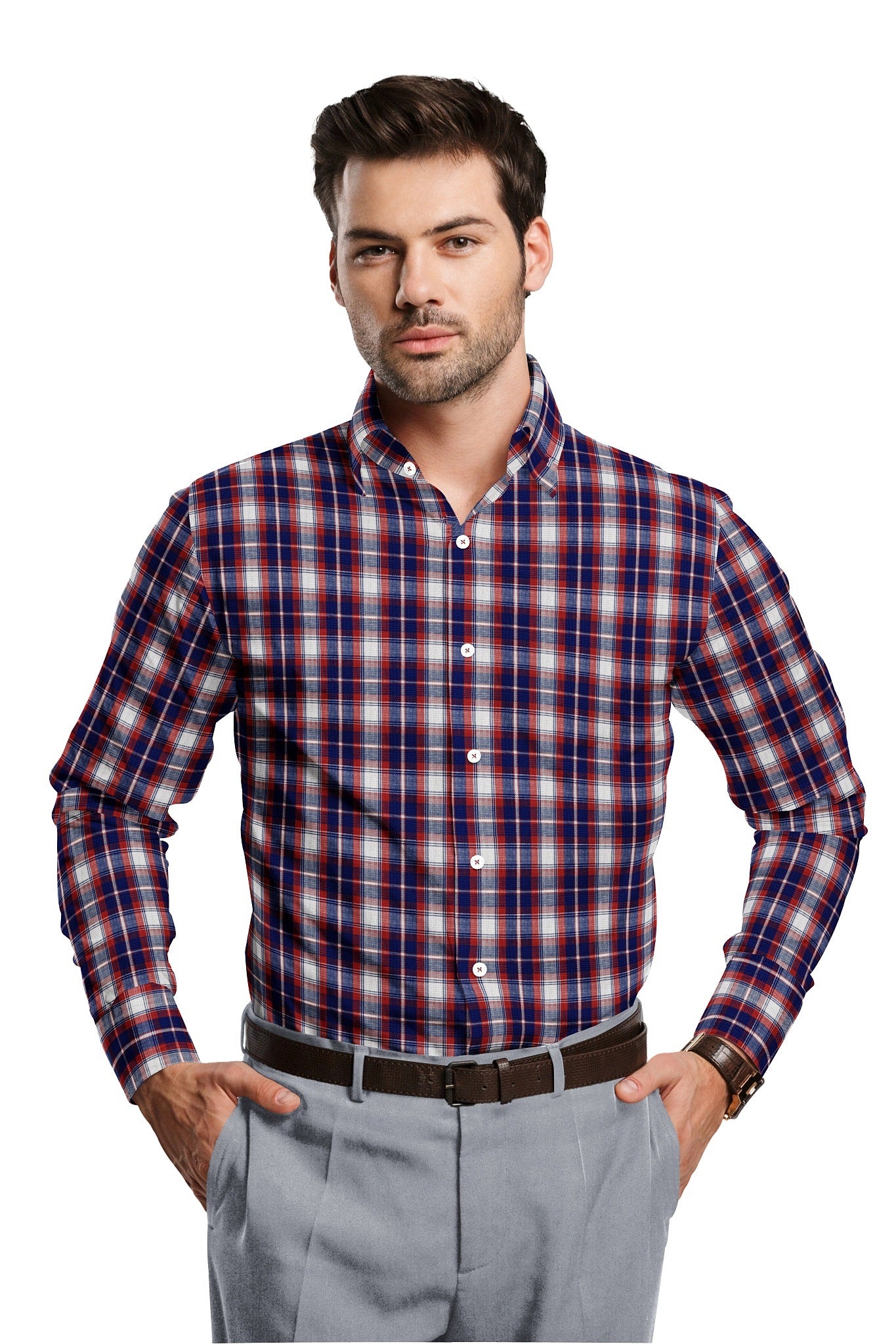 White with Indigo Blue and Chili Red Checks Cotton Shirt