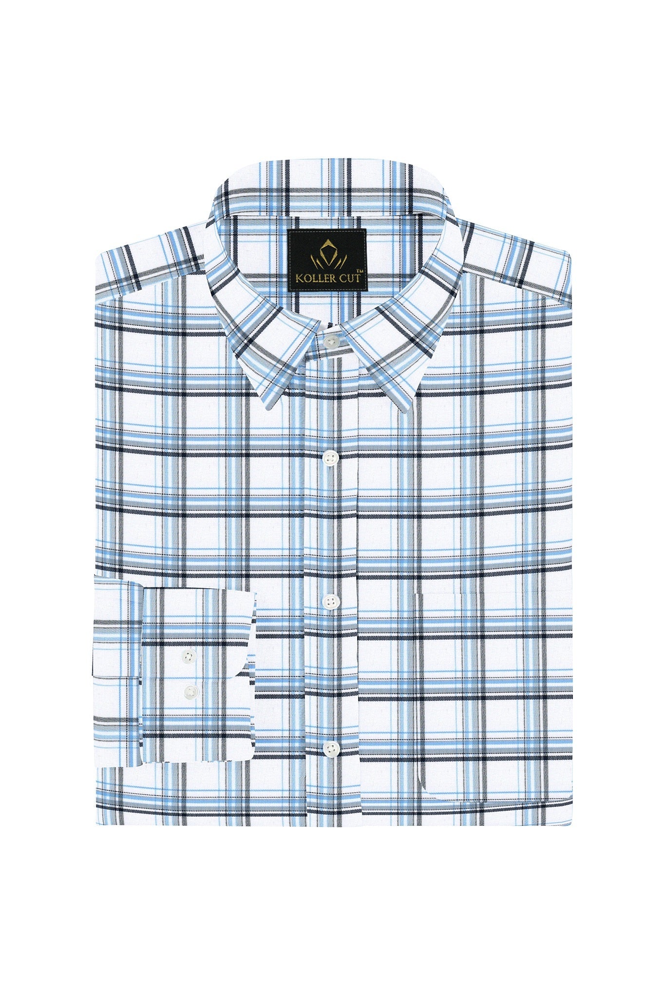 White with Ethereal blue and Black Checks Cotton Shirt